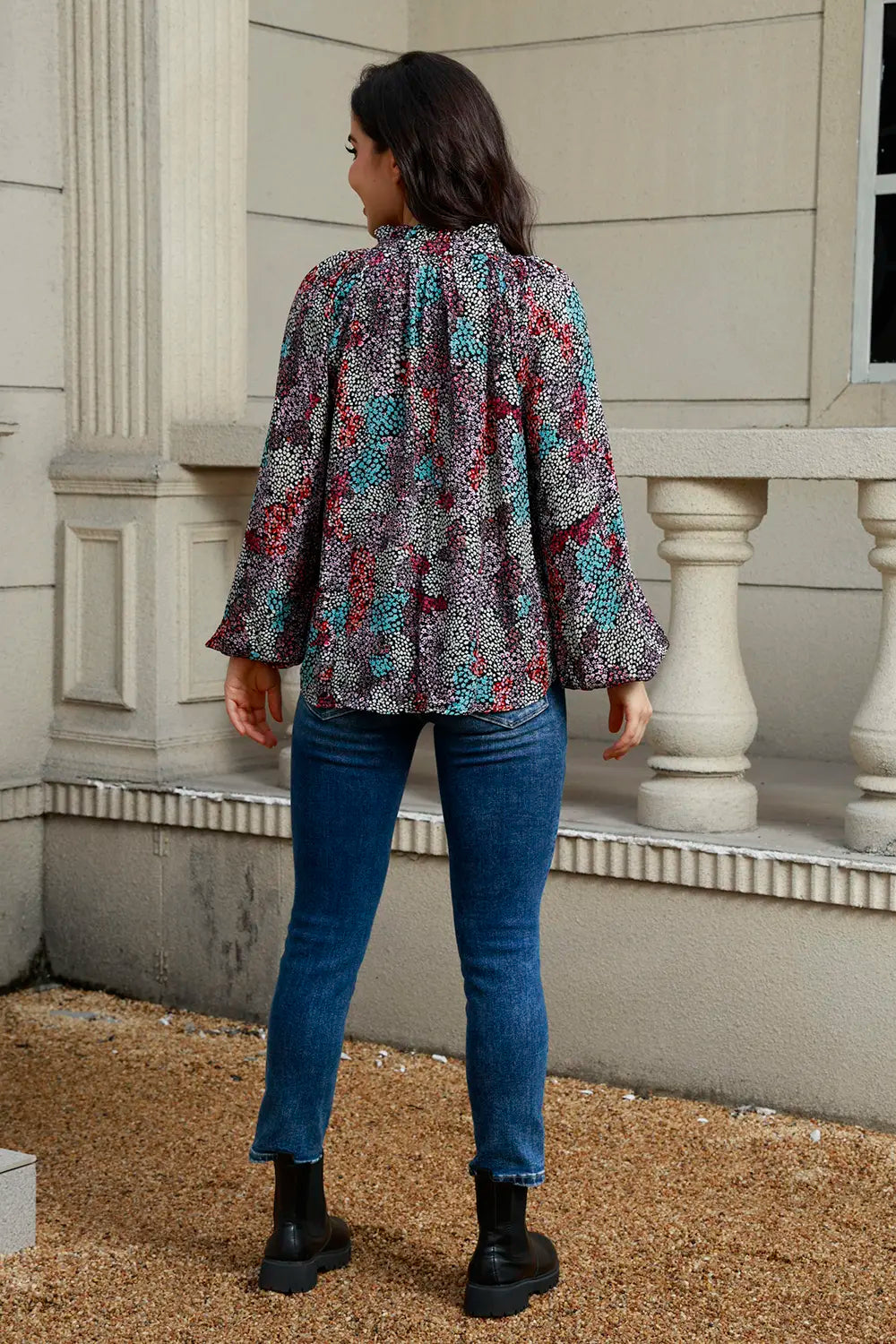 Tie Neck Heathered Blouse with Balloon Sleeves - Roe Creation