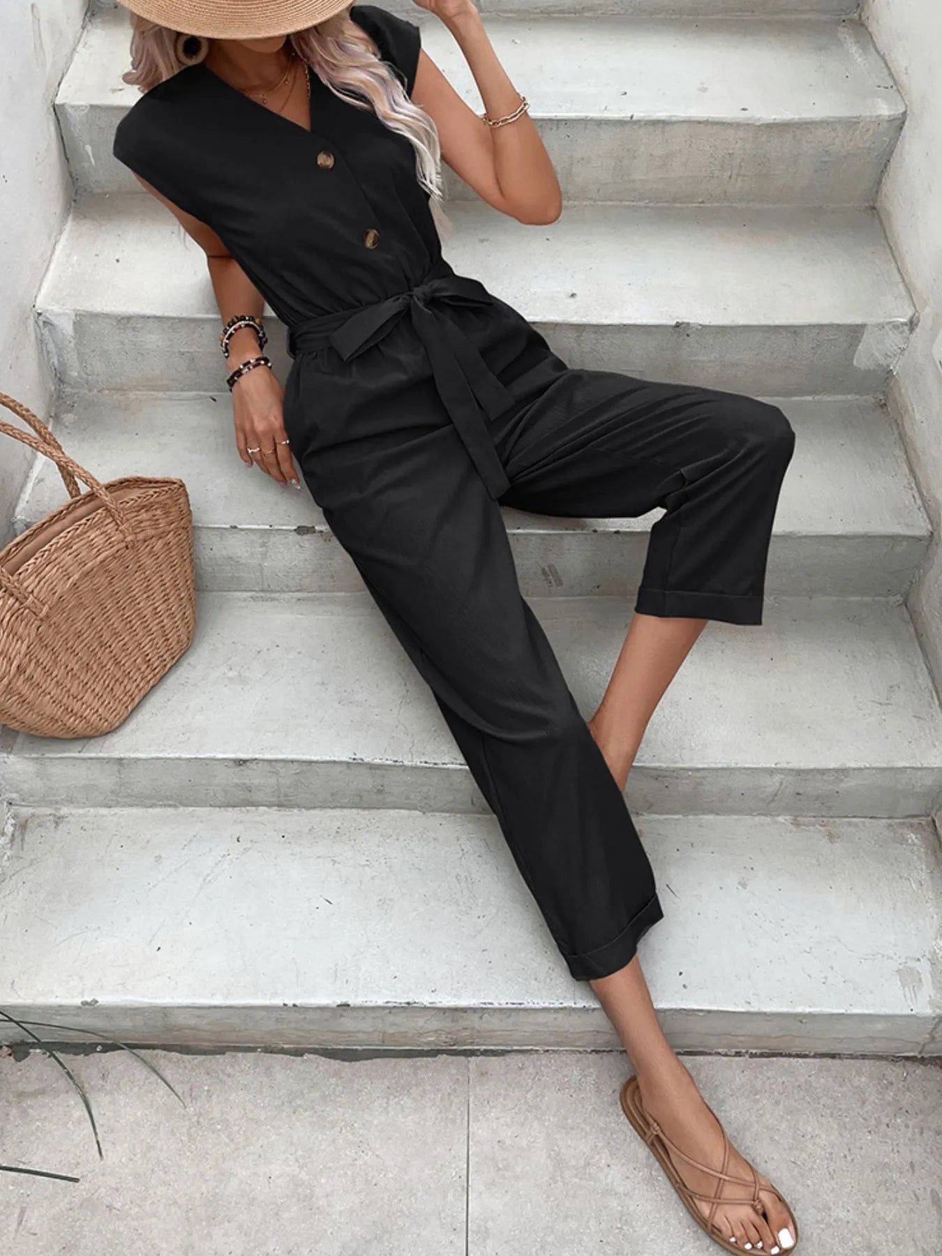 Button-Front Tie Waist Jumpsuit - Roe Creation