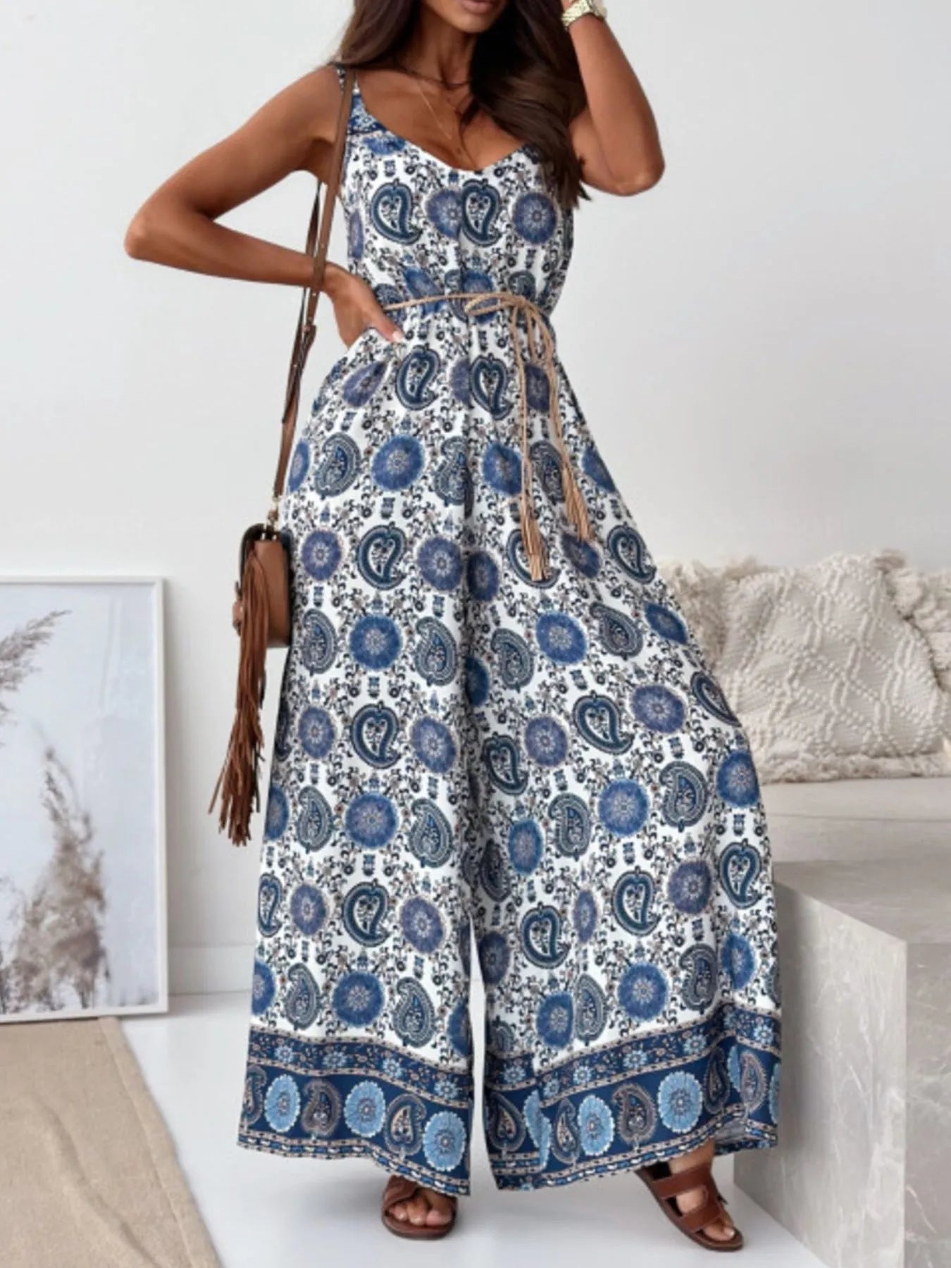 Paisley Print Spaghetti Strap Wide Leg Jumpsuit - Roe Creation