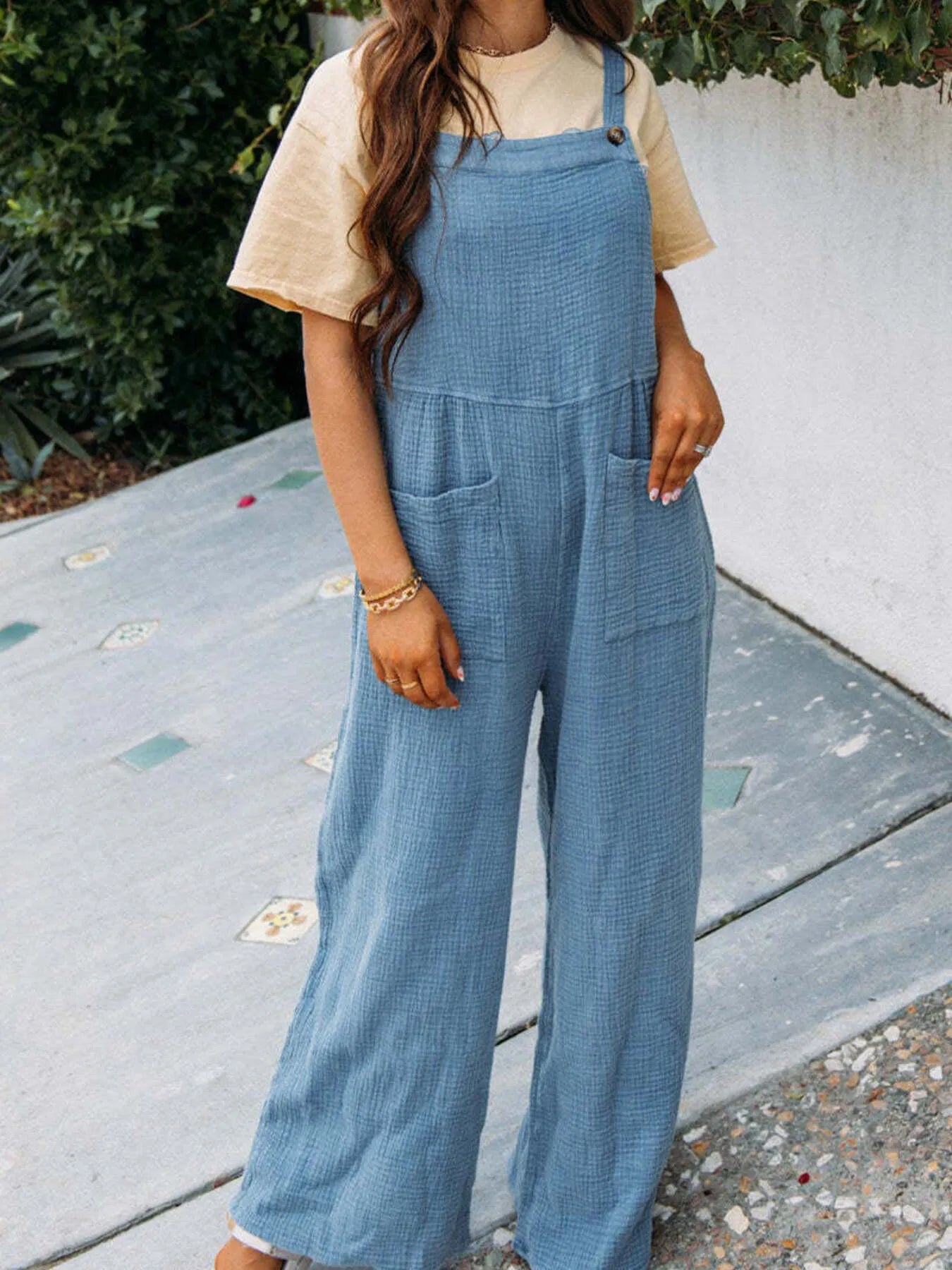 Full Size Casual Wide Leg Textured Overalls Plus Size - Roe Creation