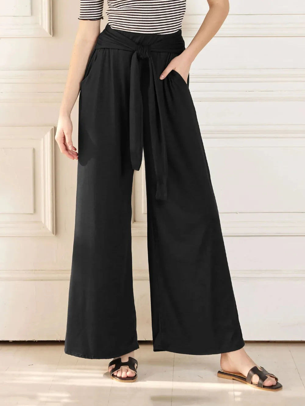Tied Wide Leg Pants with Pockets - Roe Creation