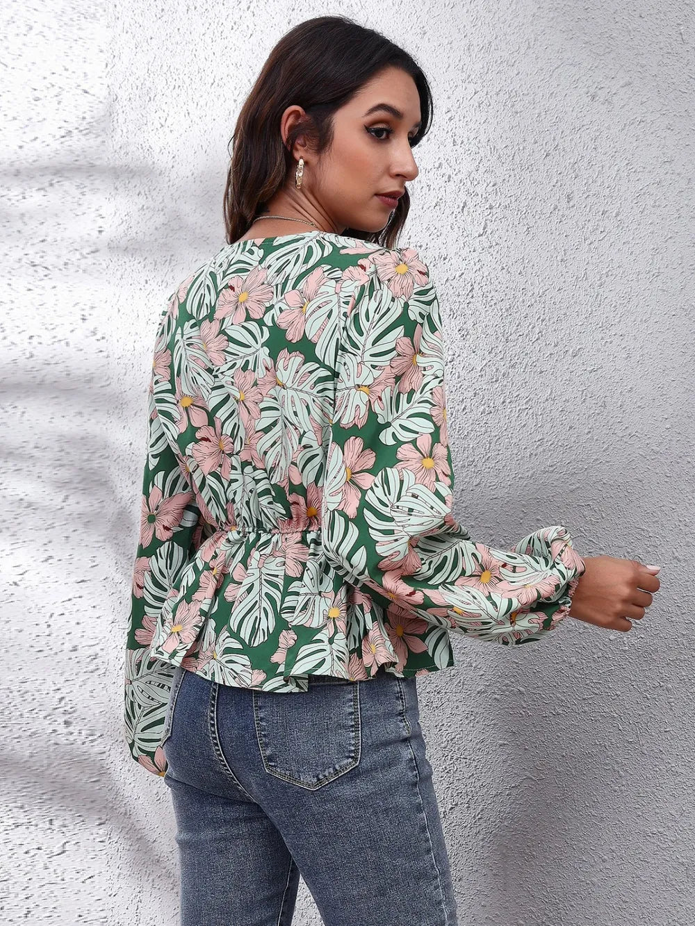 Floral V-Neck Peplum Blouse with Balloon Sleeves - Roe Creation