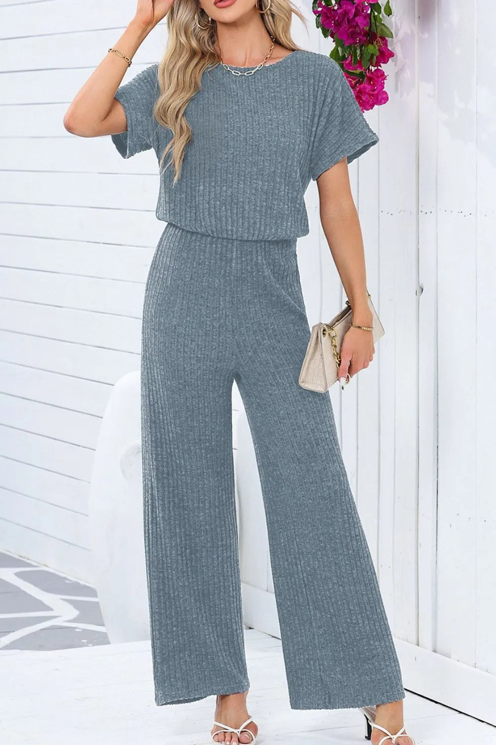Ribbed Short Sleeve Wide Leg Jumpsuit - Roe Creation