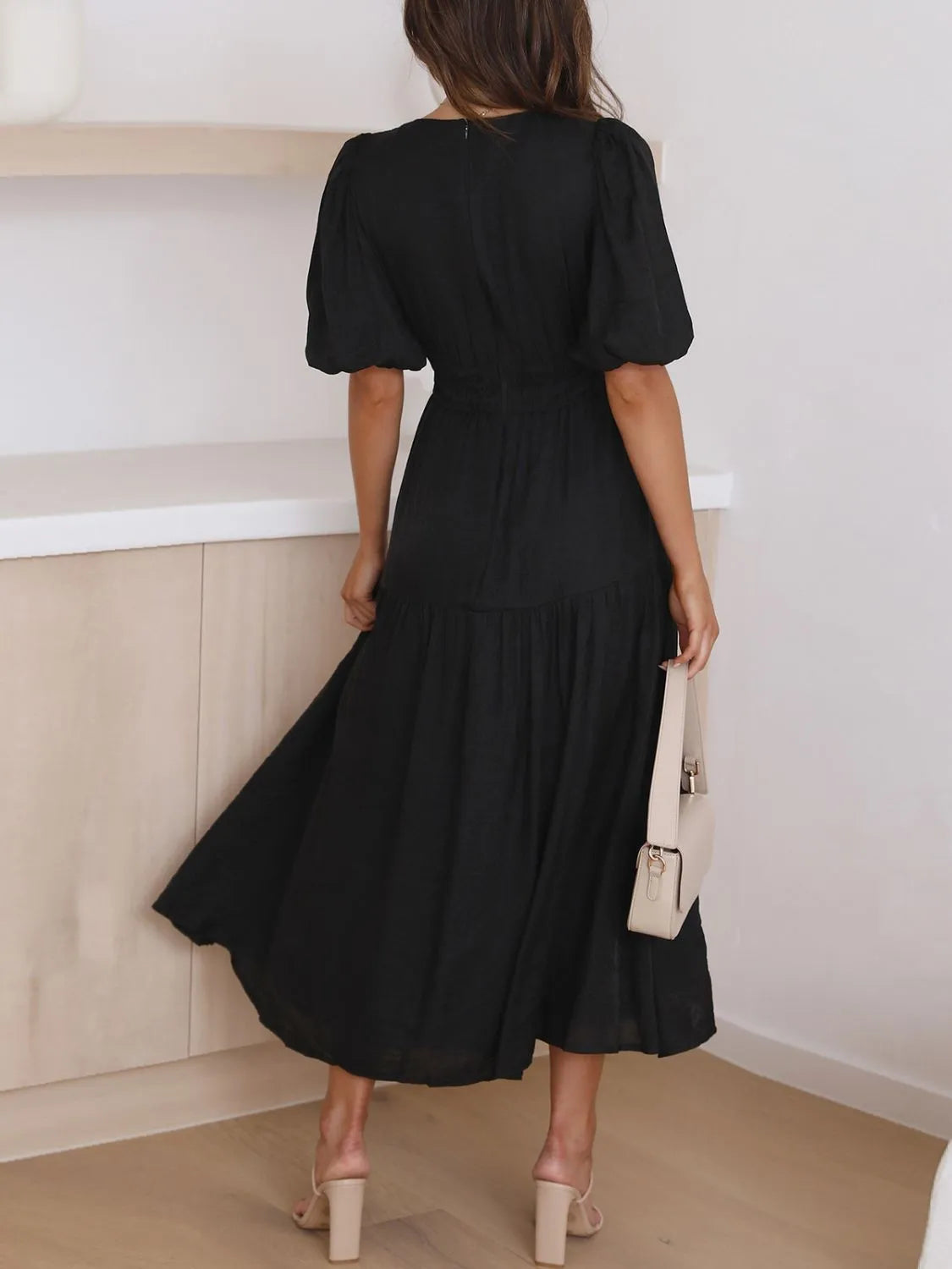 V-Neck Puff Sleeve Midi Dress - Roe Creation