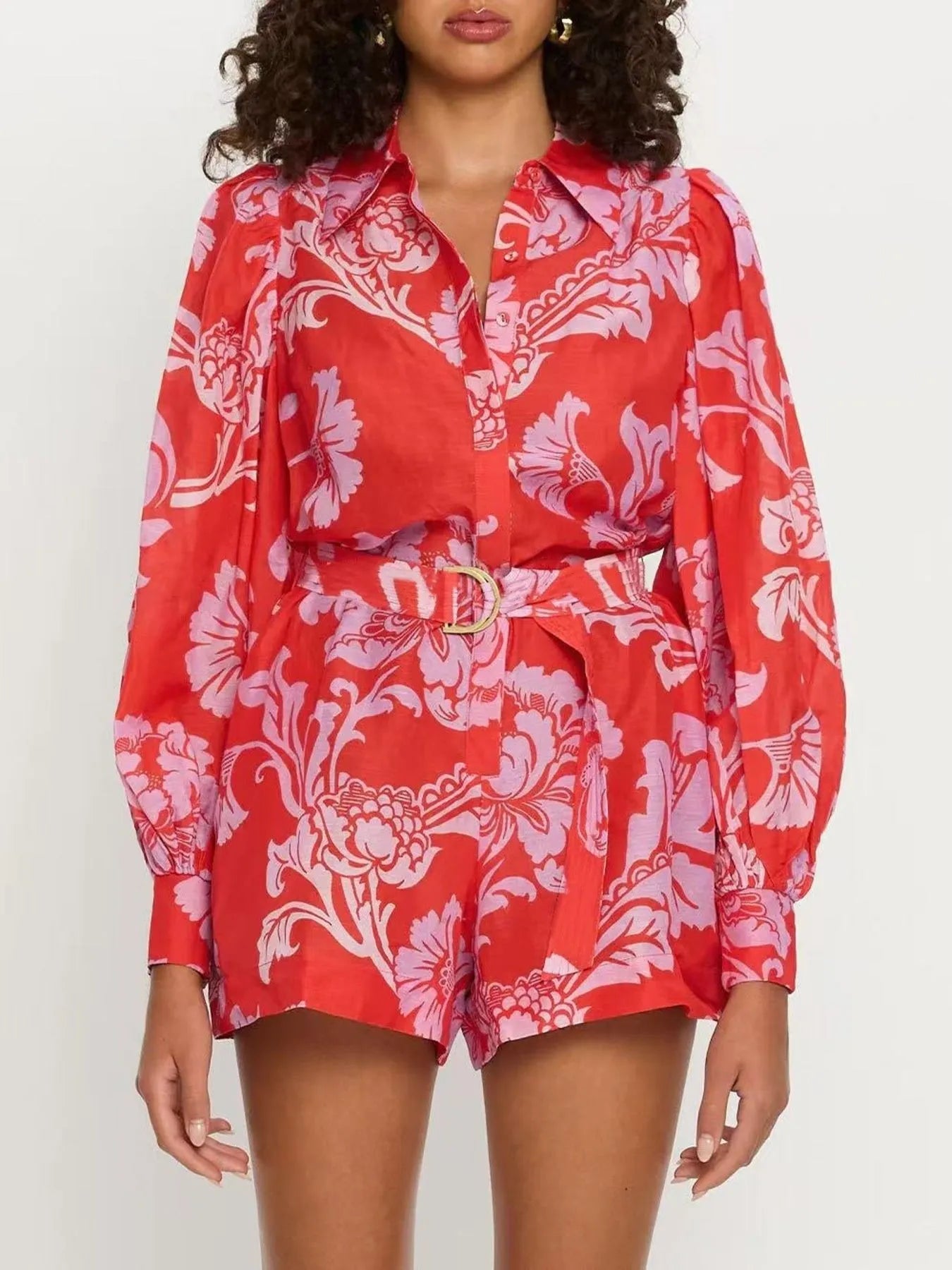 Printed Long Sleeve Belted Romper - Roe Creation