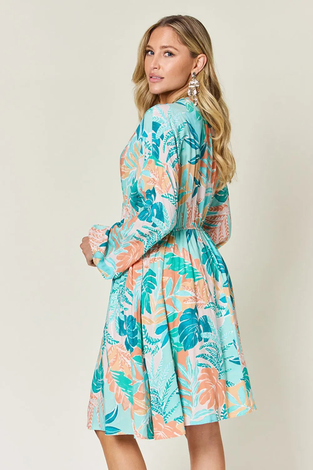 Double Take Full Size Printed V-Neck Drawstring Dress - Roe Creation