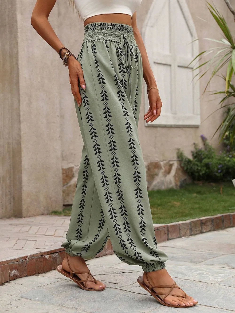 Tied Printed High Waist Pants - Roe Creation