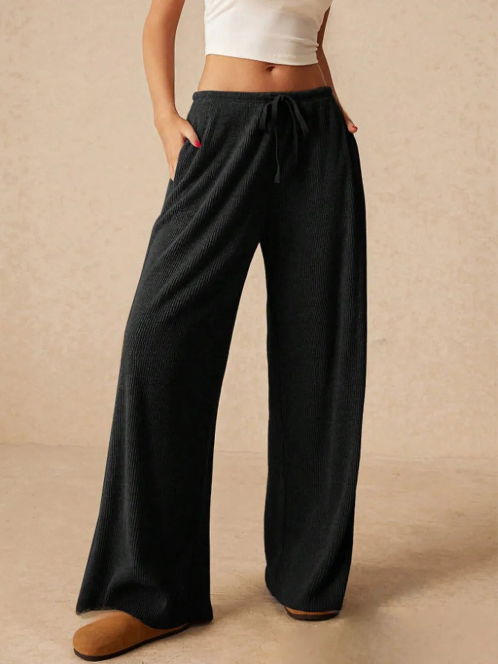 Ribbed Drawstring Wide Leg Pants - Roe Creation