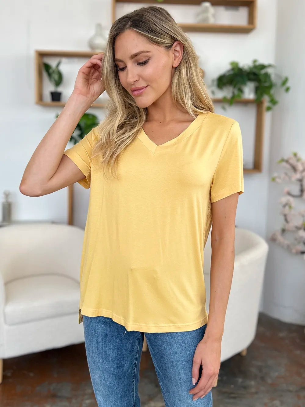 Basic Bae Bamboo Full Size V-Neck High-Low T-Shirt - Roe Creation