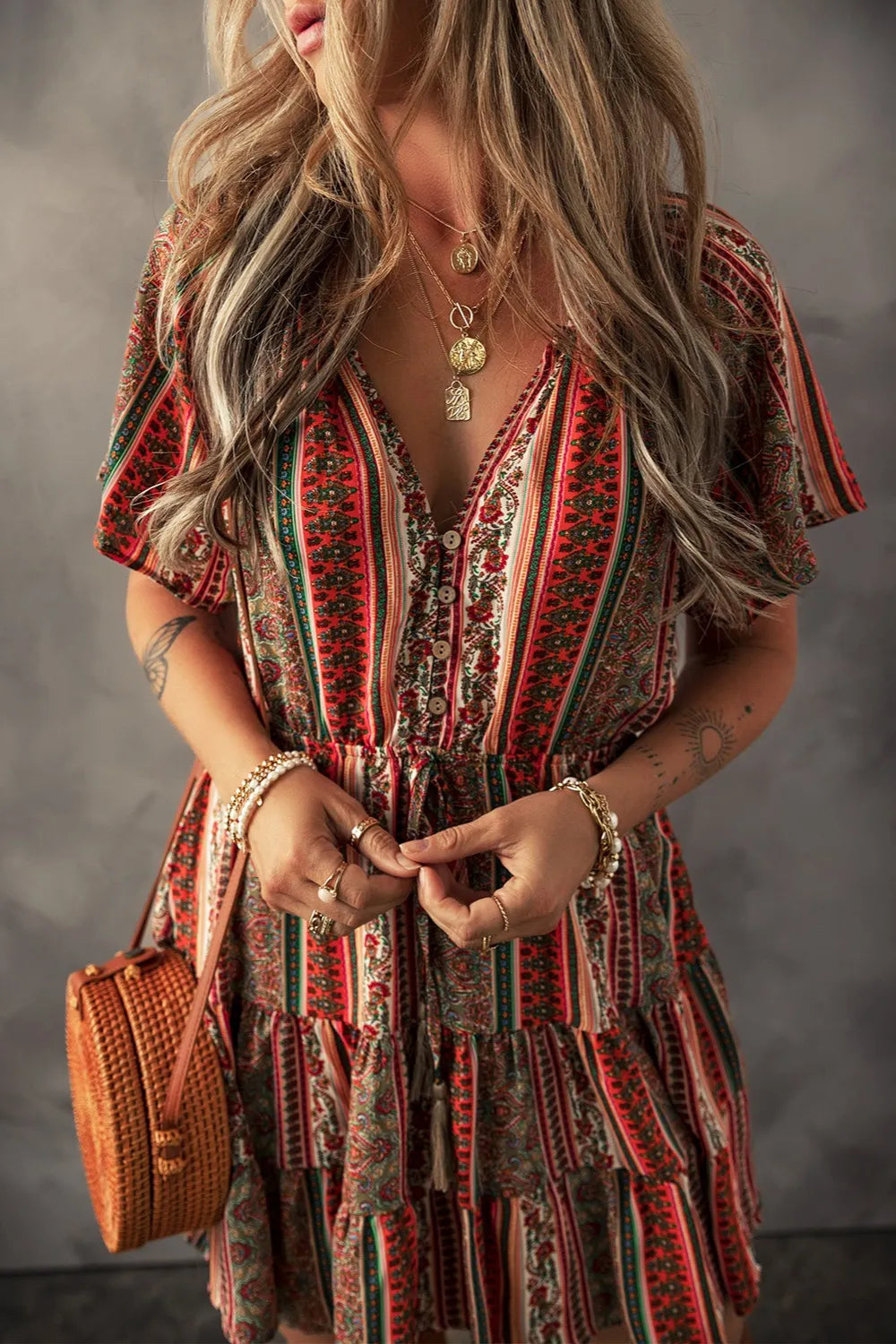 Bohemian Floral Print Buttoned V Neck Ruffle Tiered Dress - Roe Creation