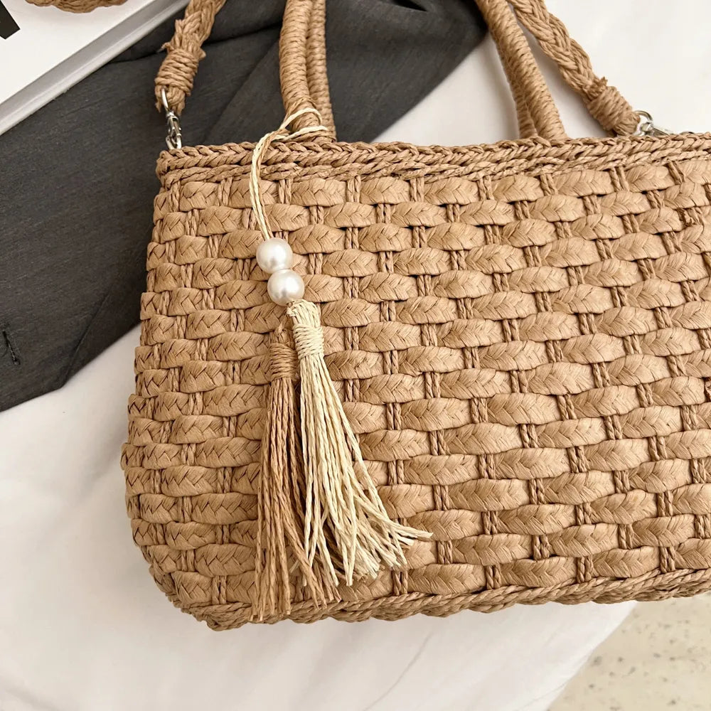 Braided Strap Paper Weave Shoulder Bag - Roe Creation