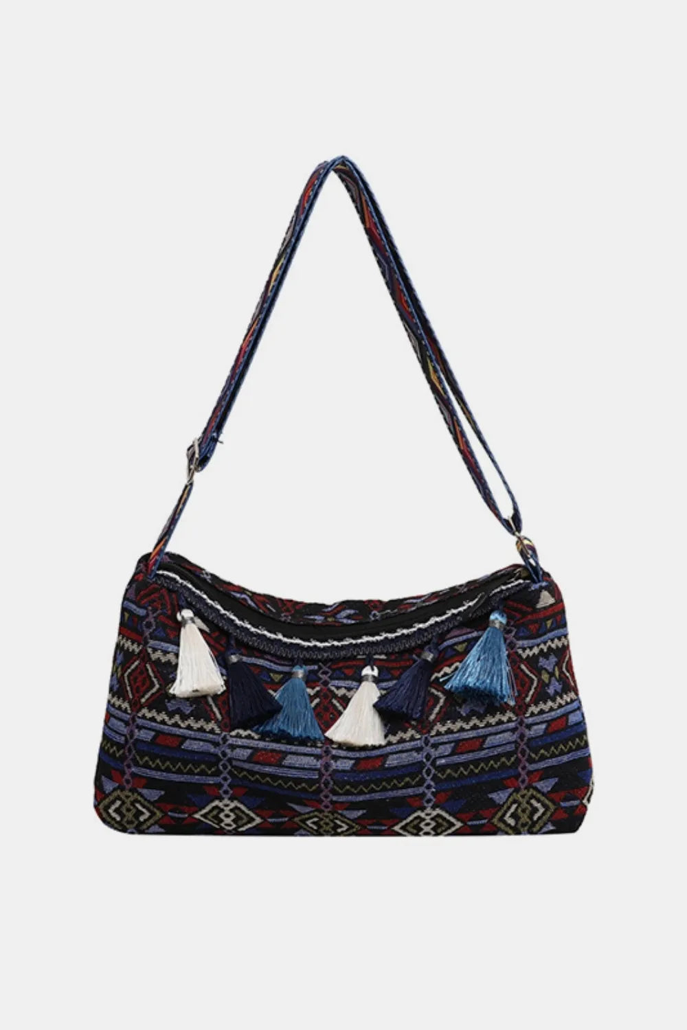 Retro Patterned Shoulder Bag with Tassel and Adjustable Strap - Roe Creation
