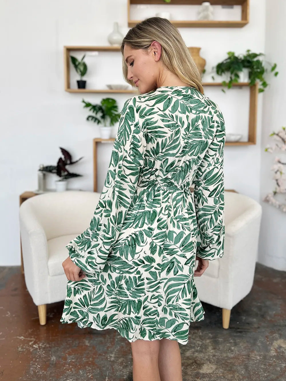 Double Take Full Size Printed Ruched Balloon Sleeve Dress - Roe Creation