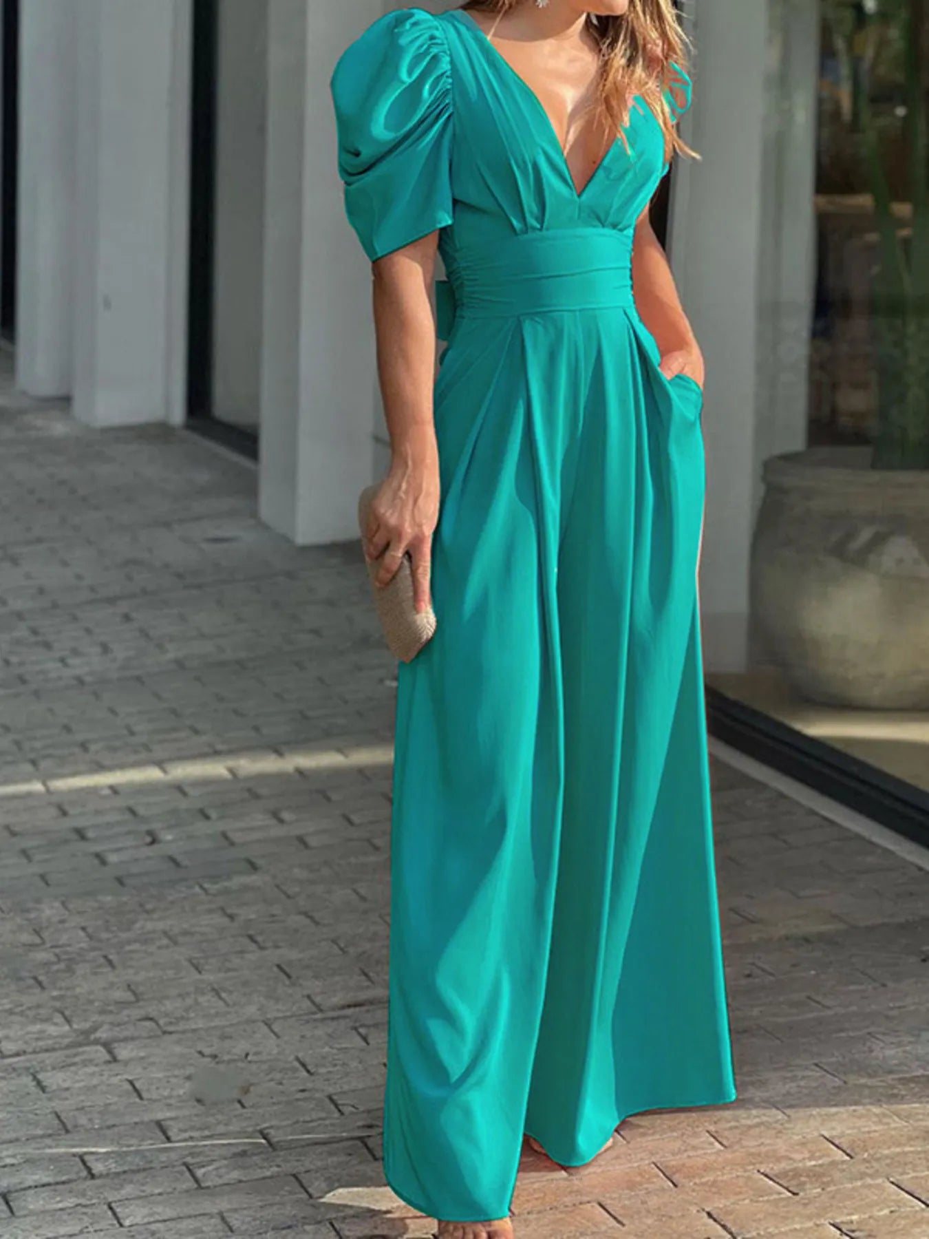 Full Size Cutout V-Neck Puff Sleeve Jumpsuit Plus Size - Roe Creation