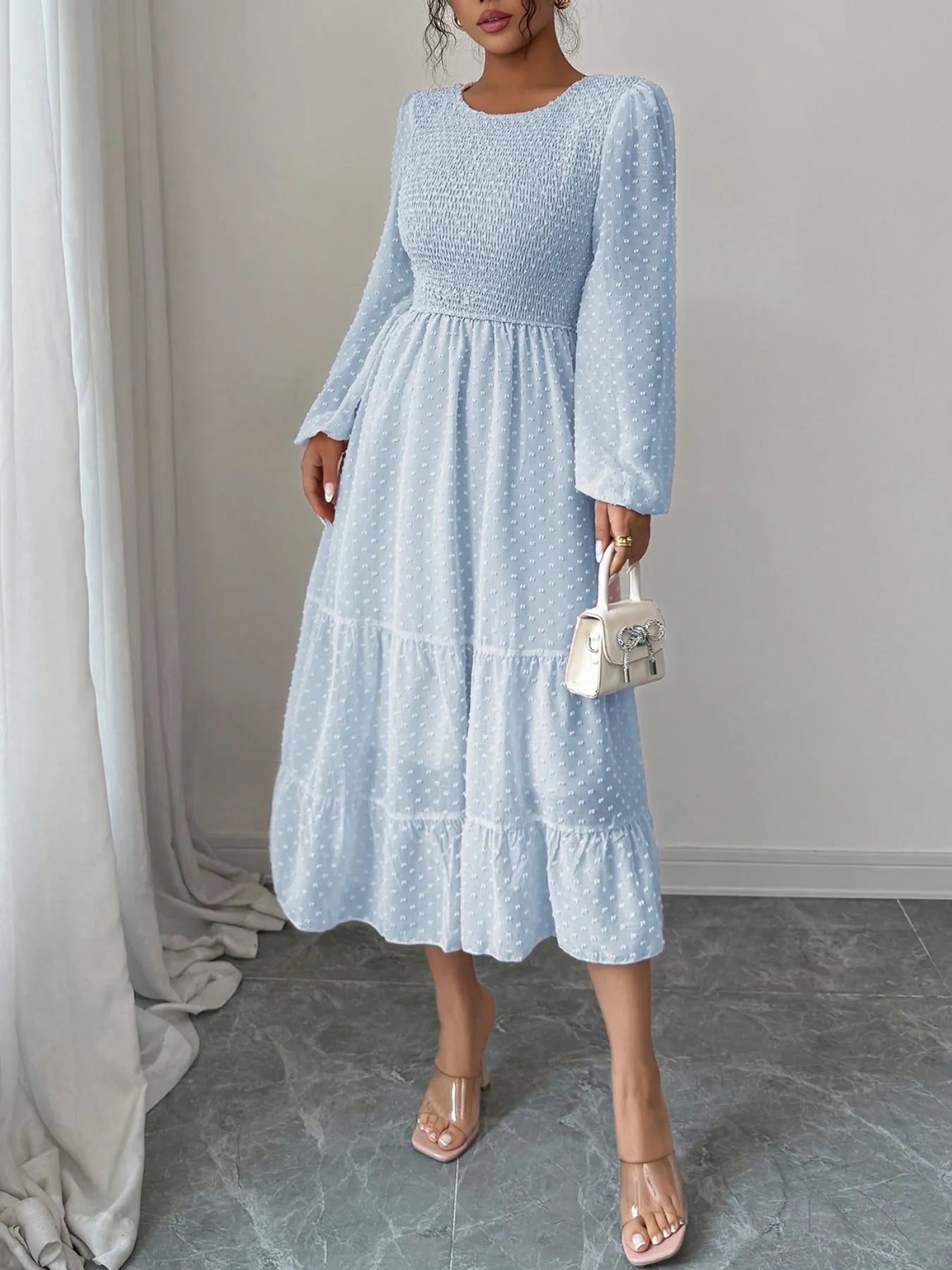 Polka Dot Long Sleeve Tiered Midi Dress - Roe Creation