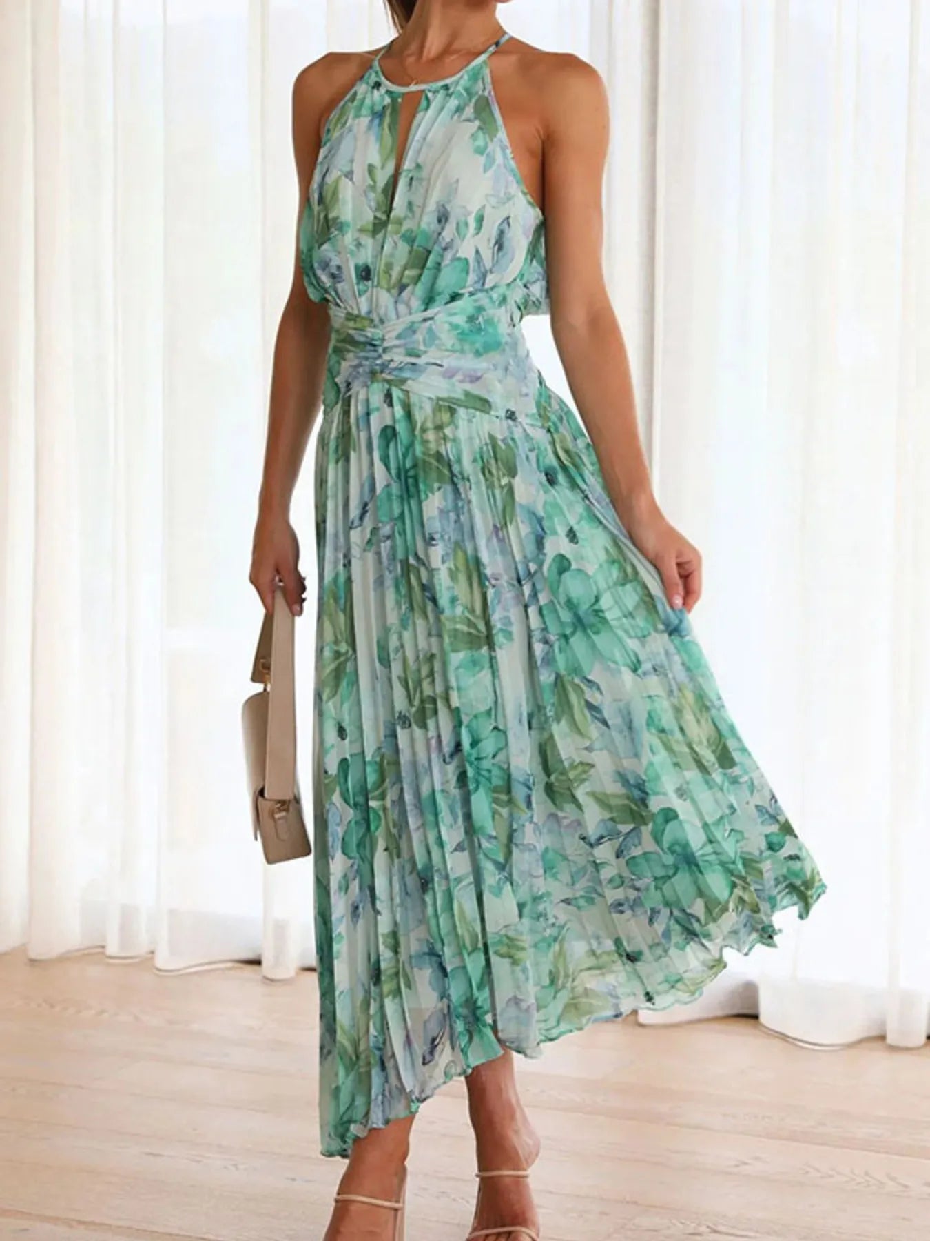 Printed Sleeveless Pleated Dress - Roe Creation