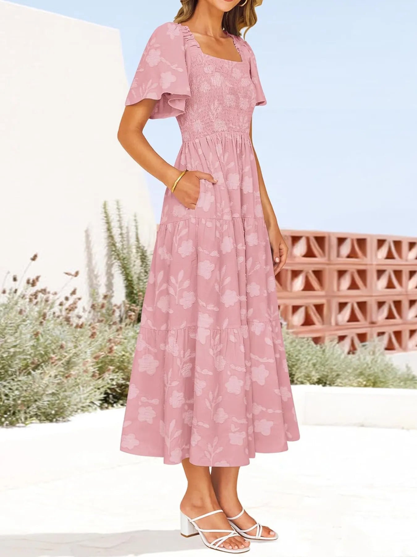 Smocked Square Neck Short Sleeve Dress - Roe Creation