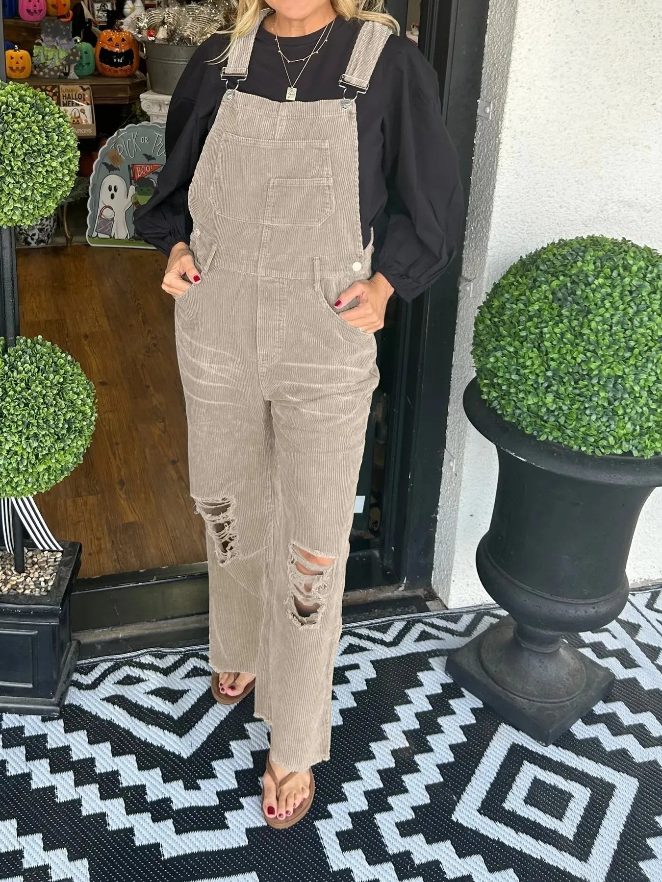 Distressed Wide Leg Corduroy Overalls - Roe Creation