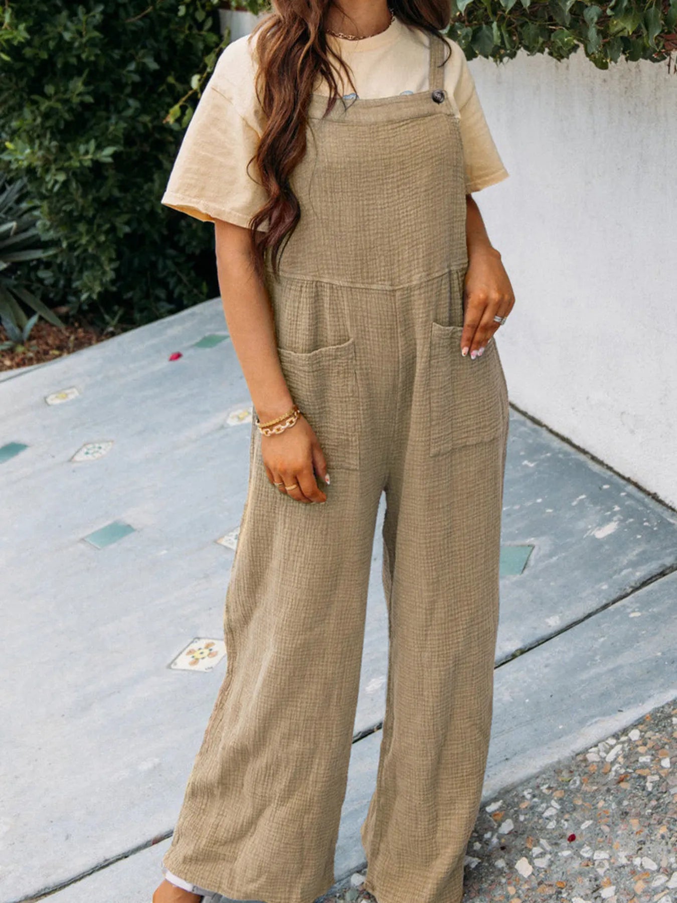 Full Size Casual Wide Leg Textured Overalls Plus Size - Roe Creation