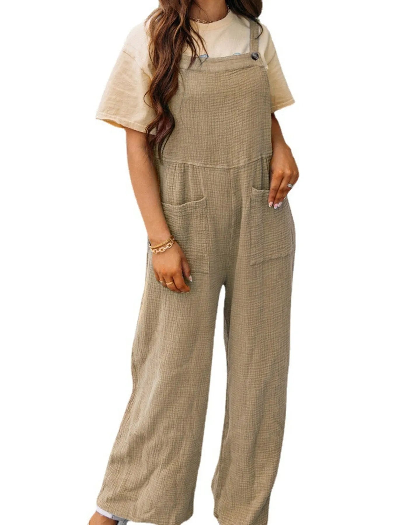 Full Size Casual Wide Leg Textured Overalls Plus Size - Roe Creation