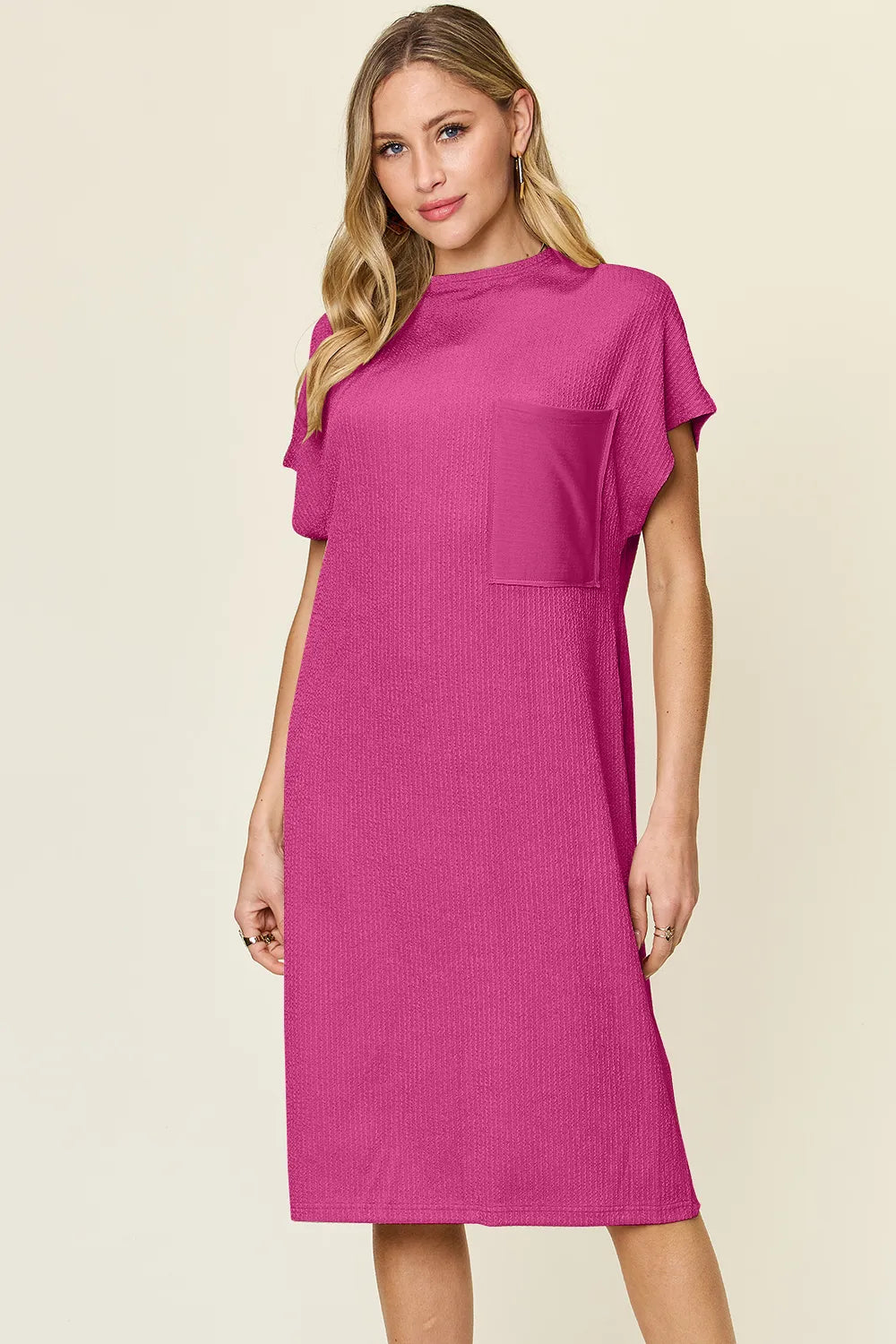 Double Take Full Size Texture Mock Neck Short Sleeve Dress - Roe Creation