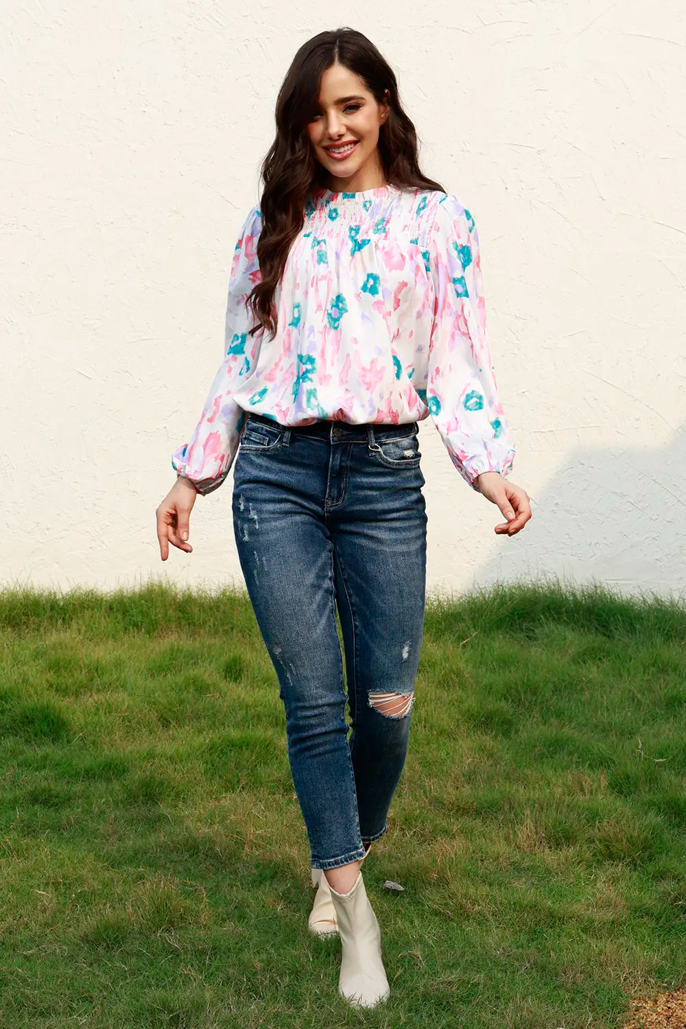 Floral Smocked Round Neck Blouse with Balloon Sleeves - Roe Creation