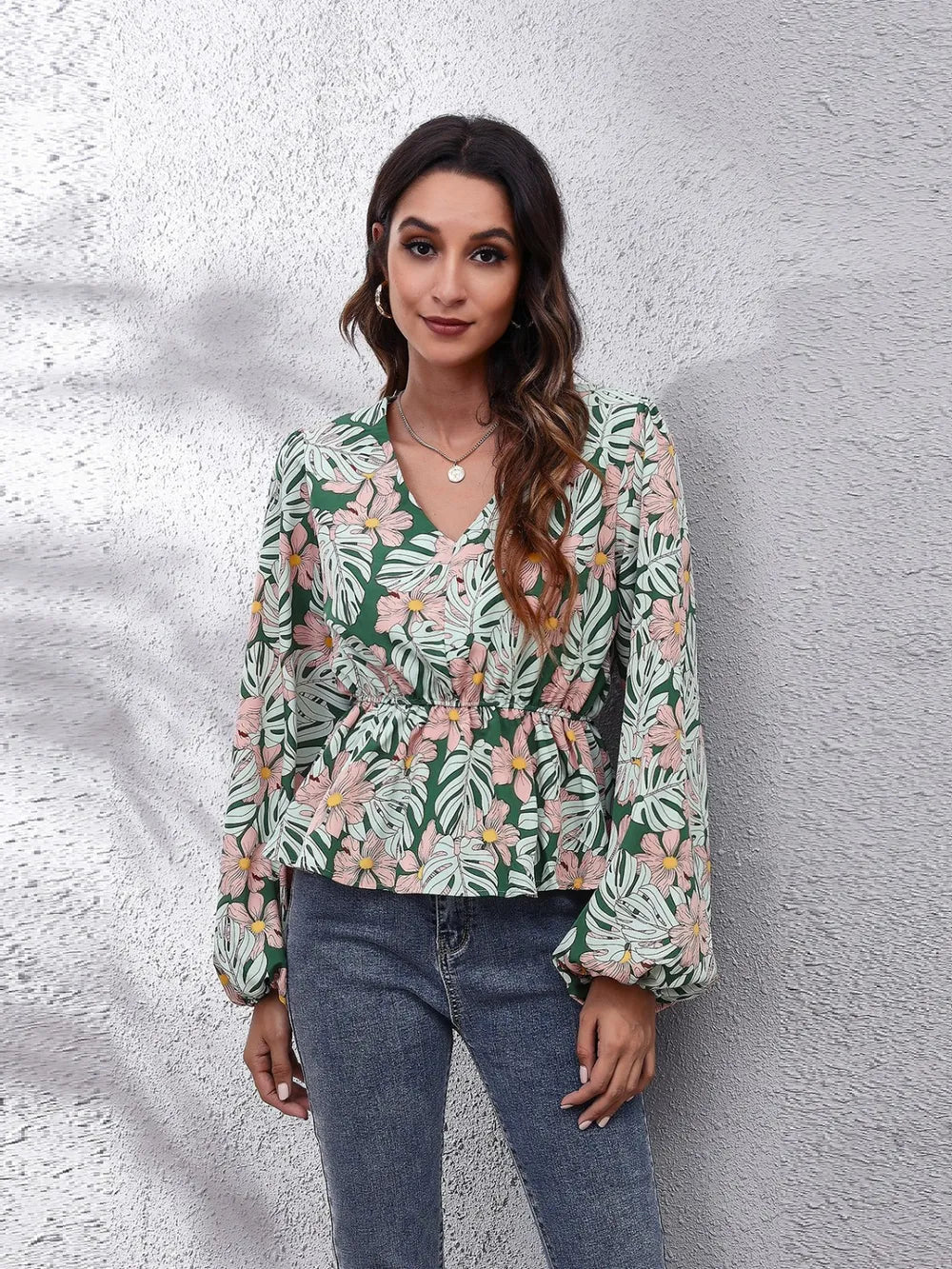Floral V-Neck Peplum Blouse with Balloon Sleeves - Roe Creation