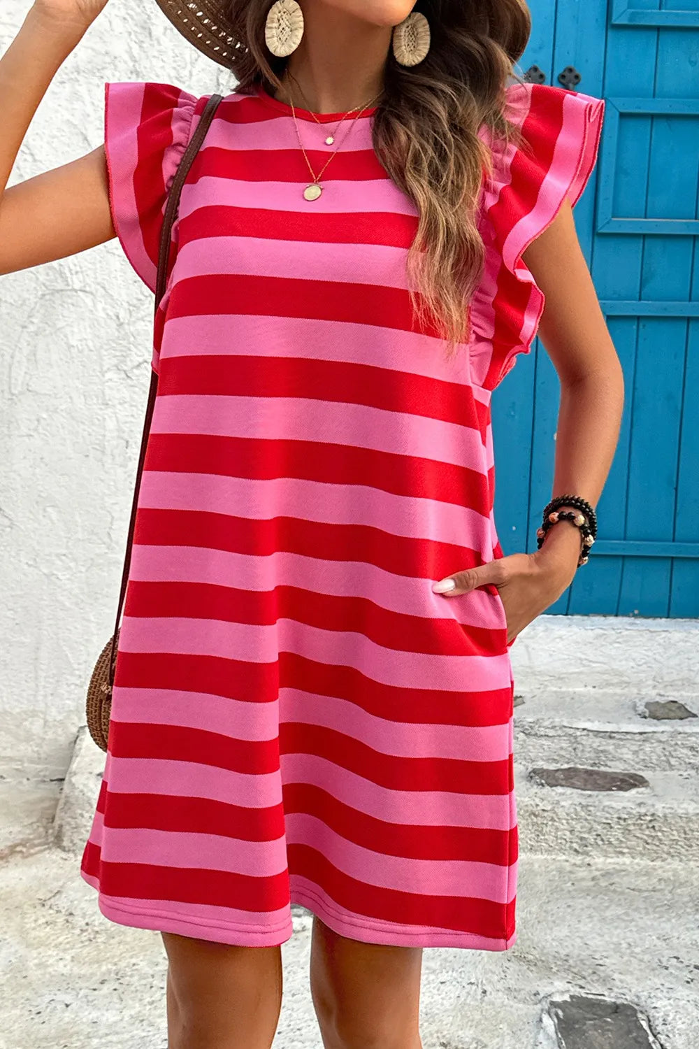 Striped Mini Dress with Cap Sleeves – Casual Summer Style - Roe Creation