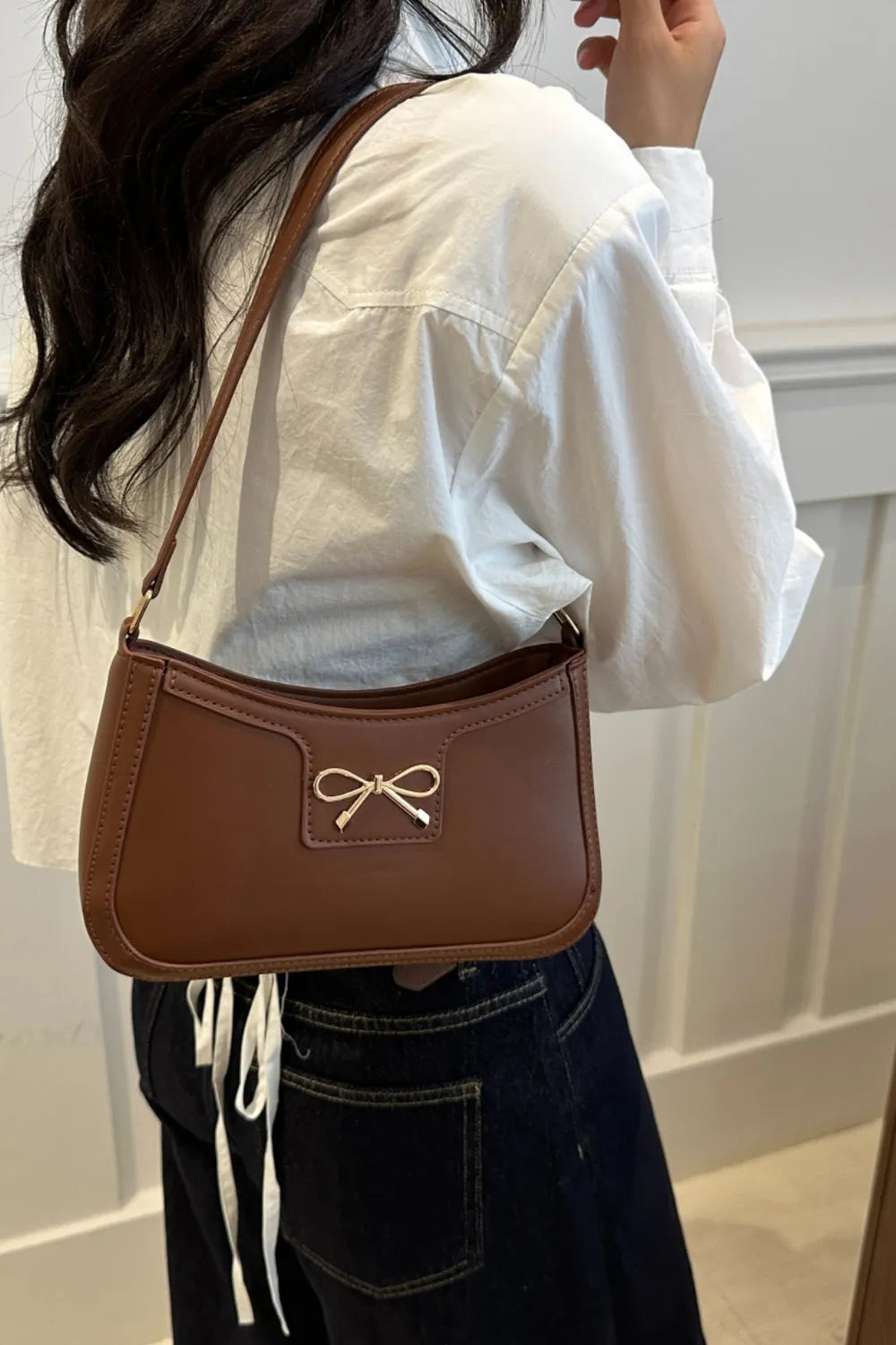 Bow Trim PU Leather Shoulder Bag - Roe Creation