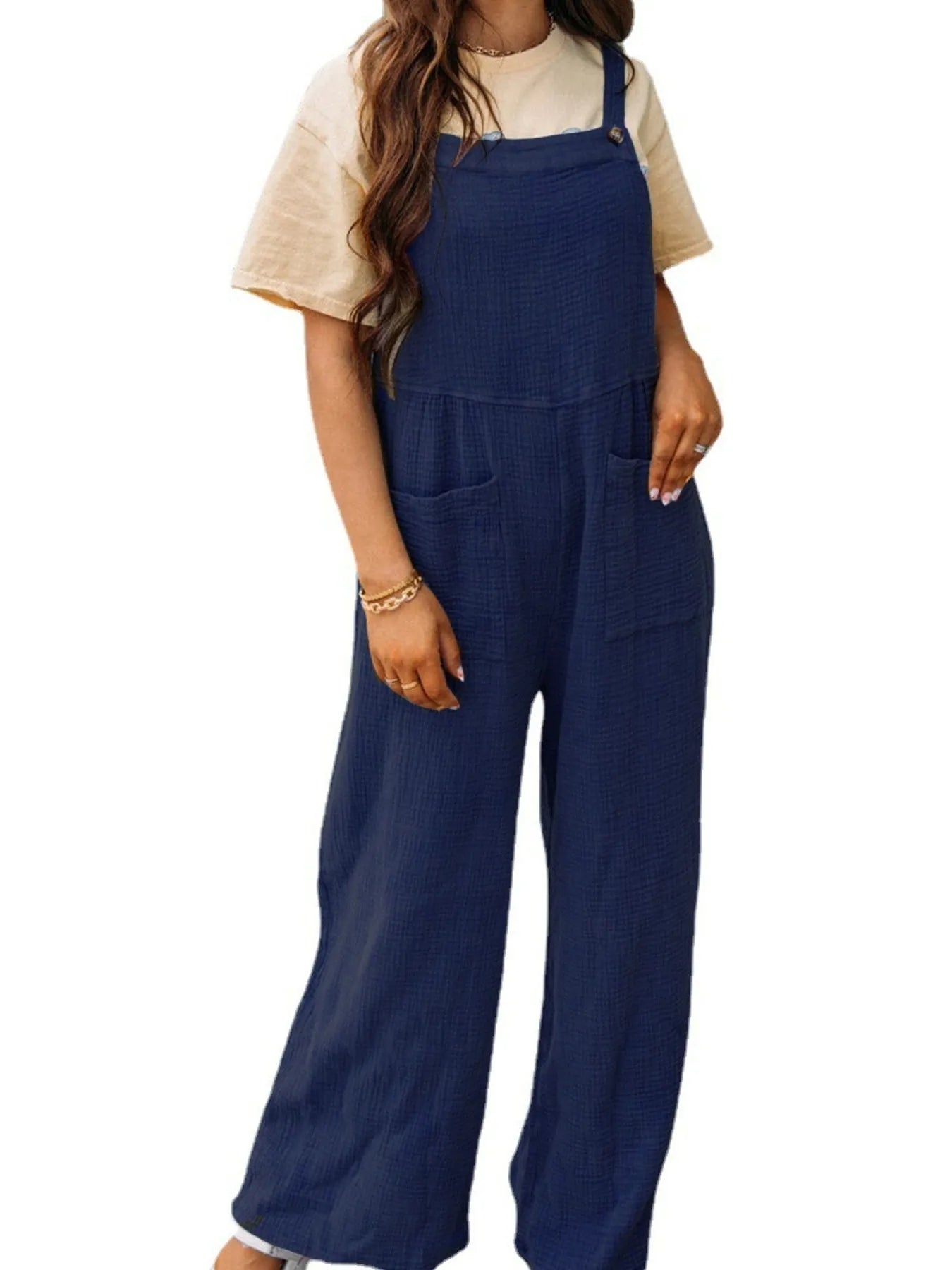 Full Size Casual Wide Leg Textured Overalls Plus Size - Roe Creation