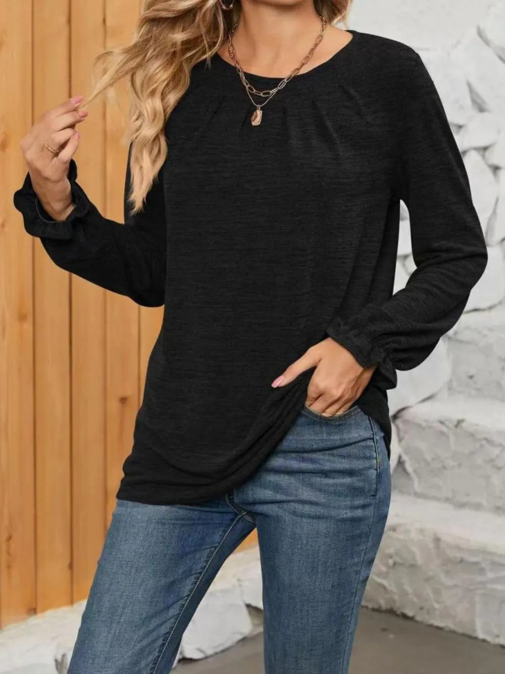 Ruched Round Neck Long Sleeve T-Shirt - Roe Creation
