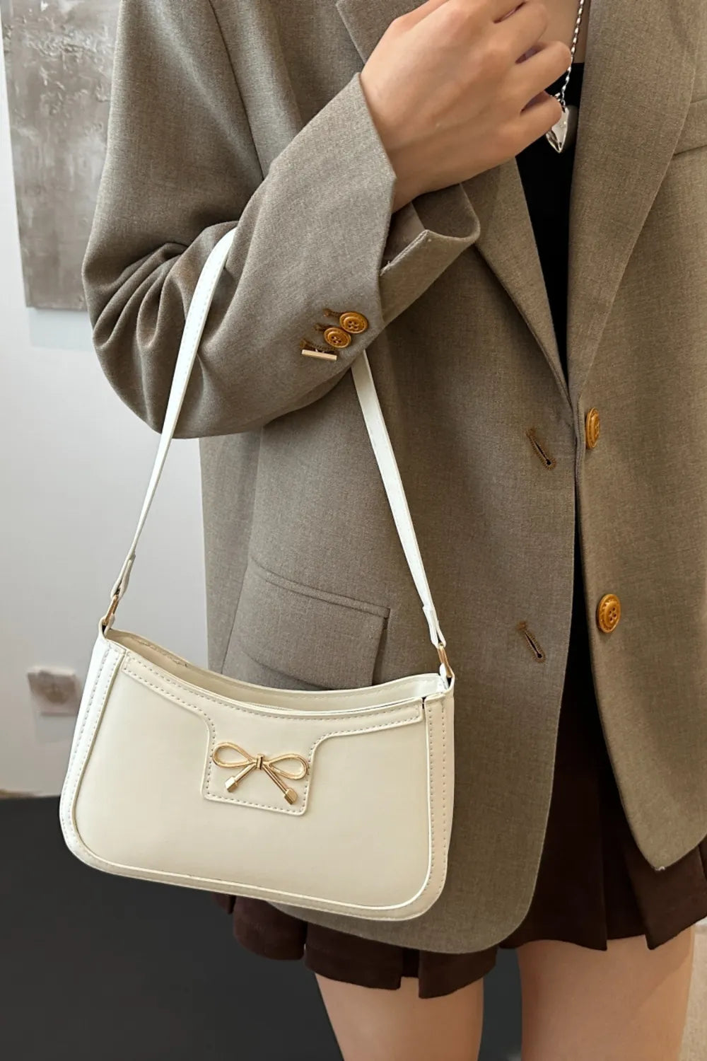 Bow Trim PU Leather Shoulder Bag - Roe Creation
