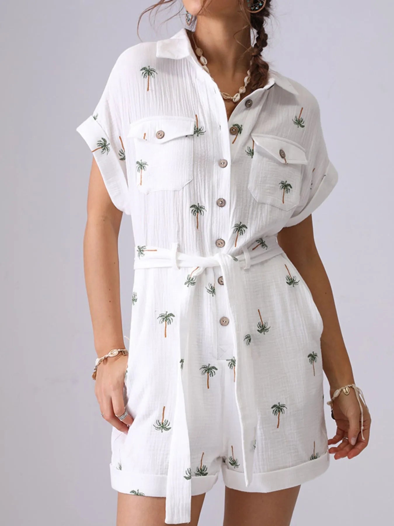 Palm Tree Print Short Sleeve Button-Up Romper with Belt - Roe Creation