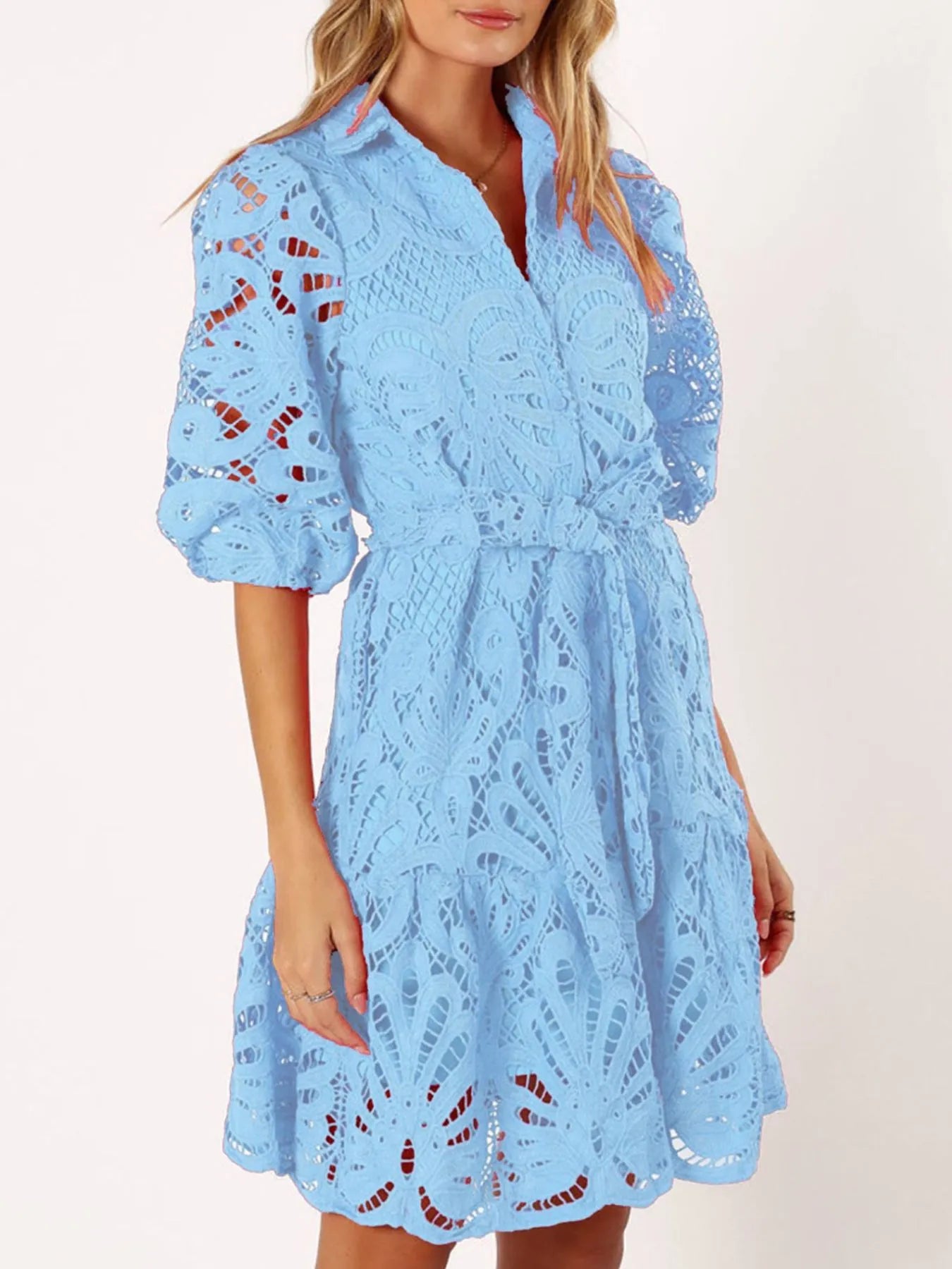 Lace Tie Waist Half Sleeve Dress - Roe Creation