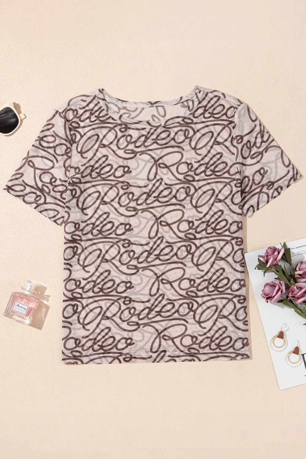 Printed Round Neck Short Sleeve Mesh T-Shirt - Roe Creation