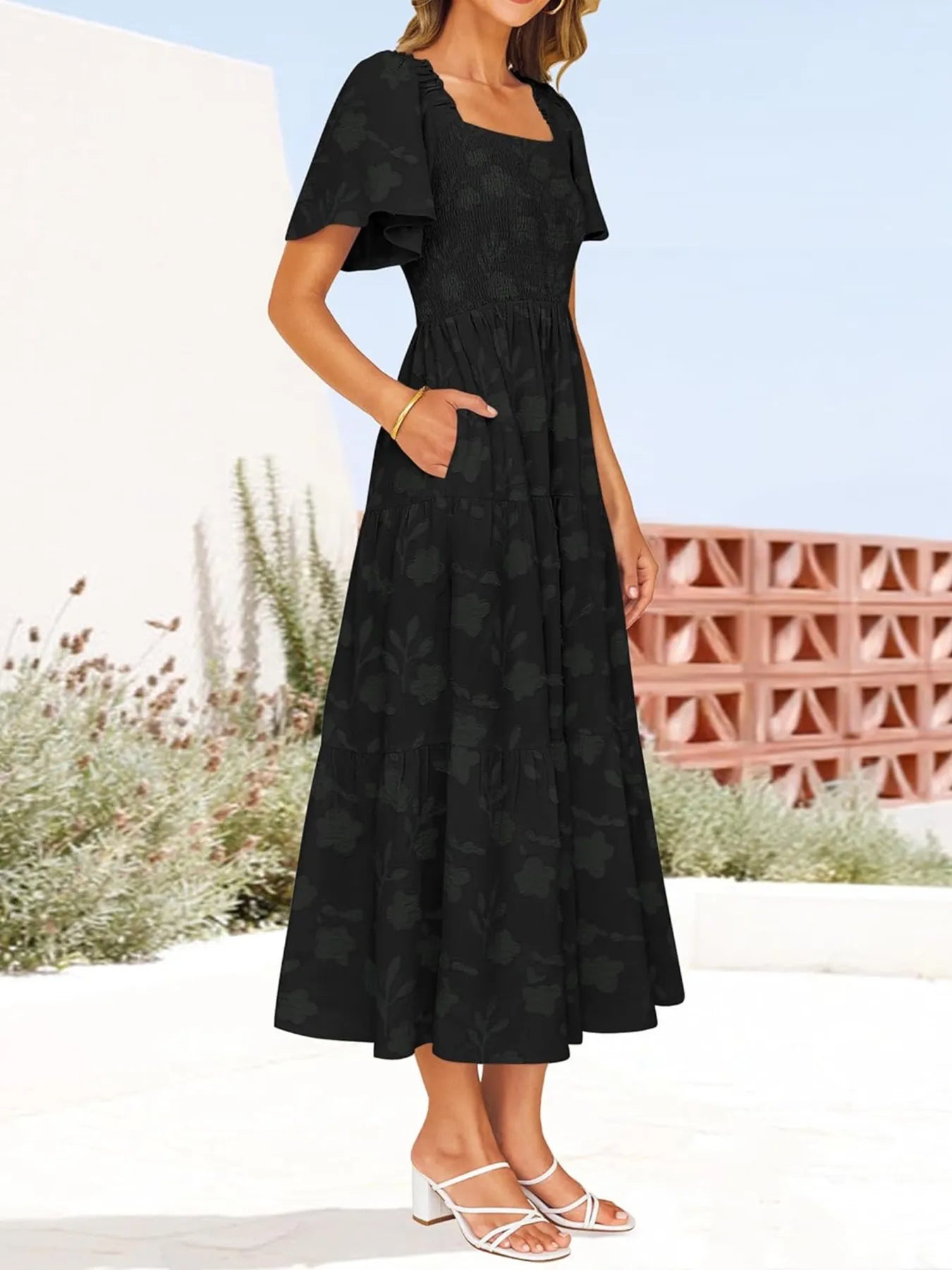 Smocked Square Neck Short Sleeve Dress - Roe Creation
