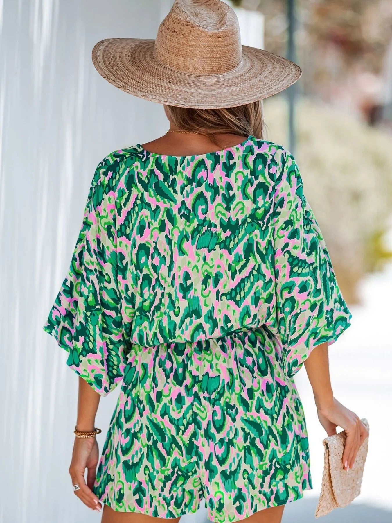 Bohemian Floral Print V-Neck Batwing Sleeve Romper - Roe Creation