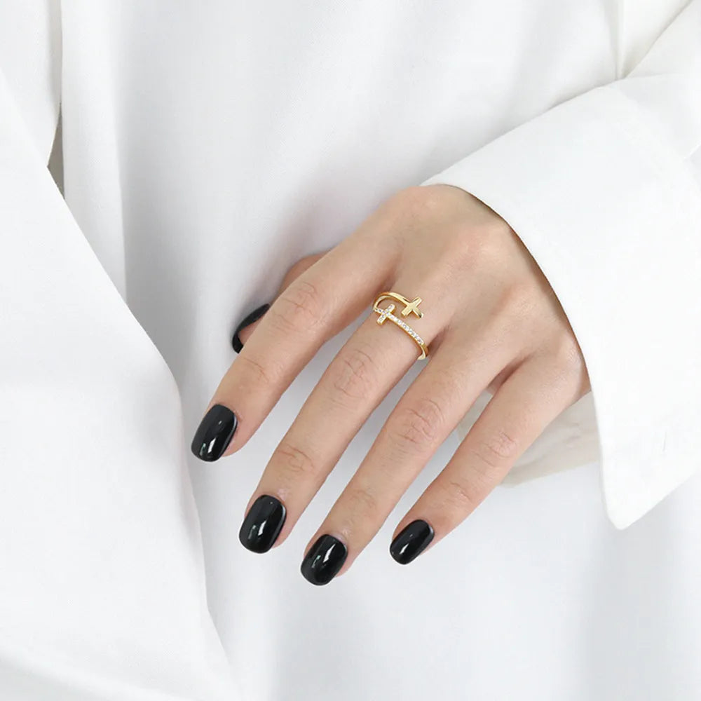Zircon 925 Sterling Silver Double Cross Bypass Ring - Roe Creation