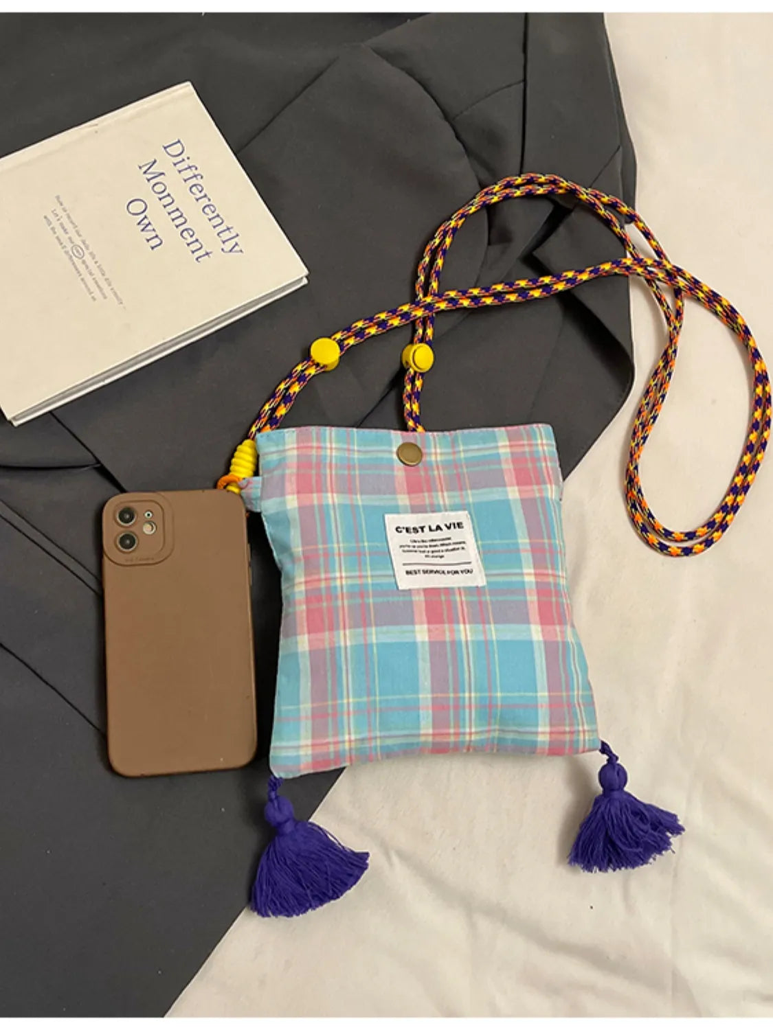 C'EST LA VIE Plaid Crossbody Bag with Tassel Detail - Roe Creation