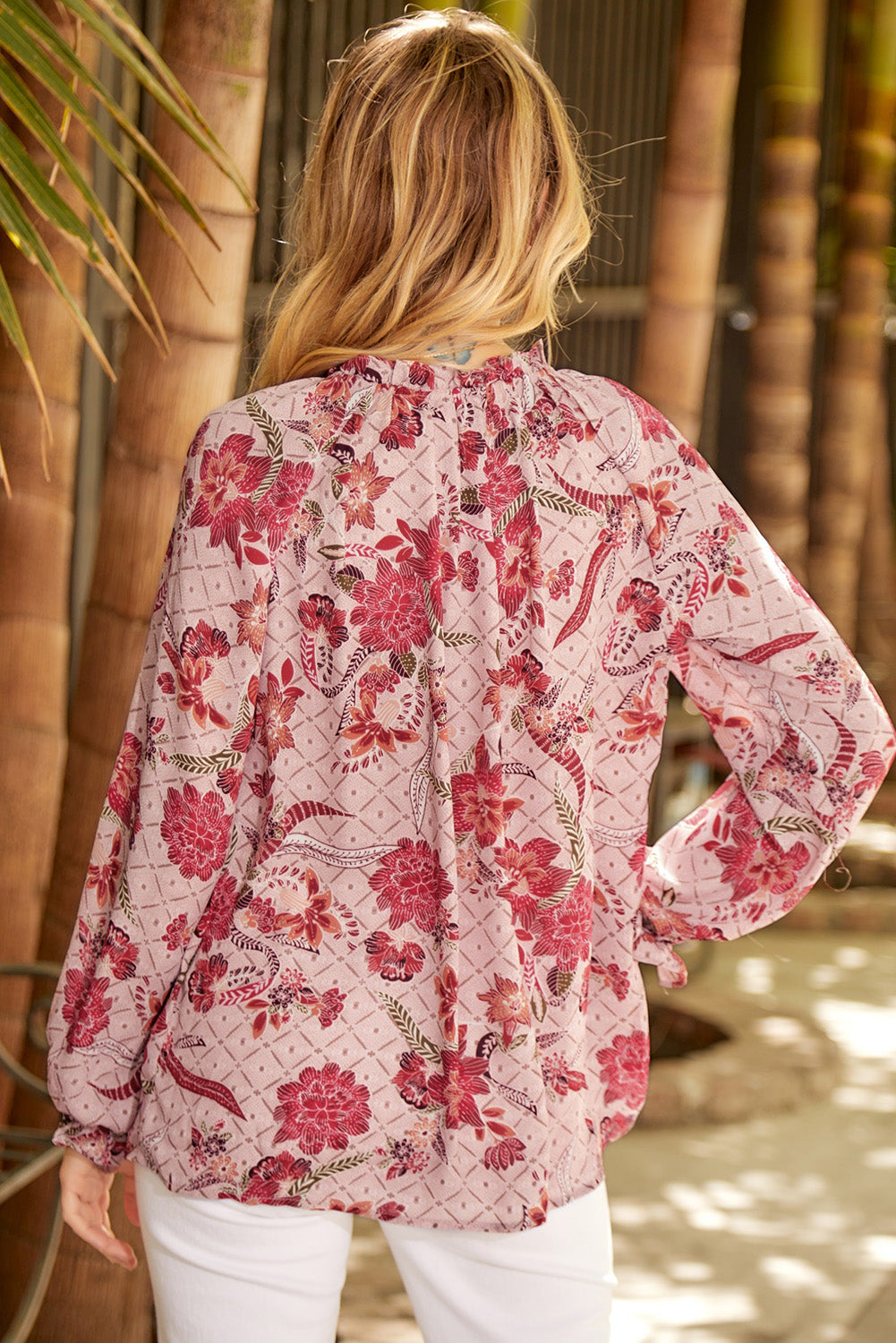 Women’s Floral Tie Neck Blouse with Flounce Sleeves – Elegant Spring Top - Roe Creation