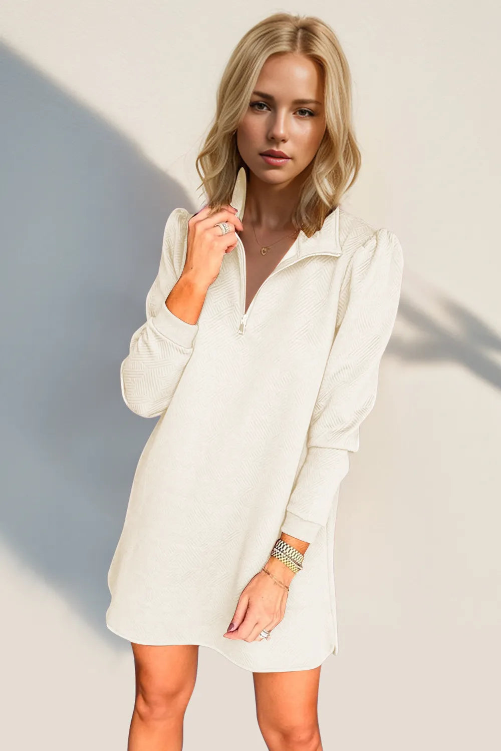 Double Take Textured Quarter Zip Long Sleeve Dress - Roe Creation