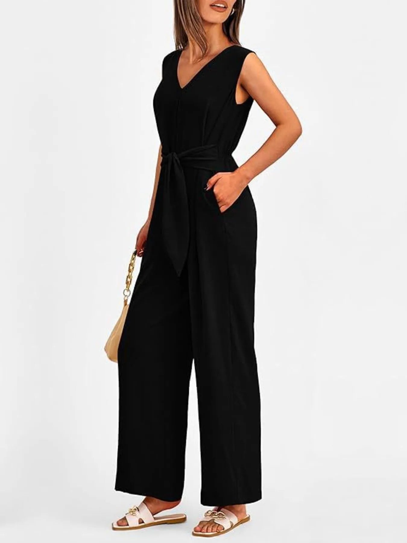 V-Neck Sleeveless Wide-Leg Jumpsuit with Waist Tie - Roe Creation