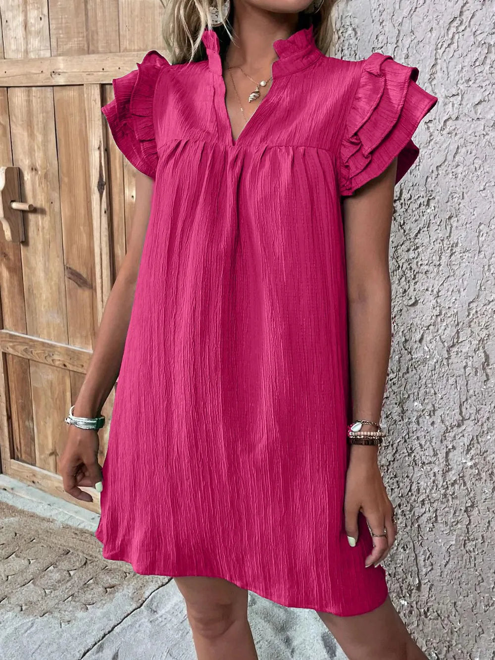 Ruffled Notched Cap Sleeve Mini Dress - Roe Creation