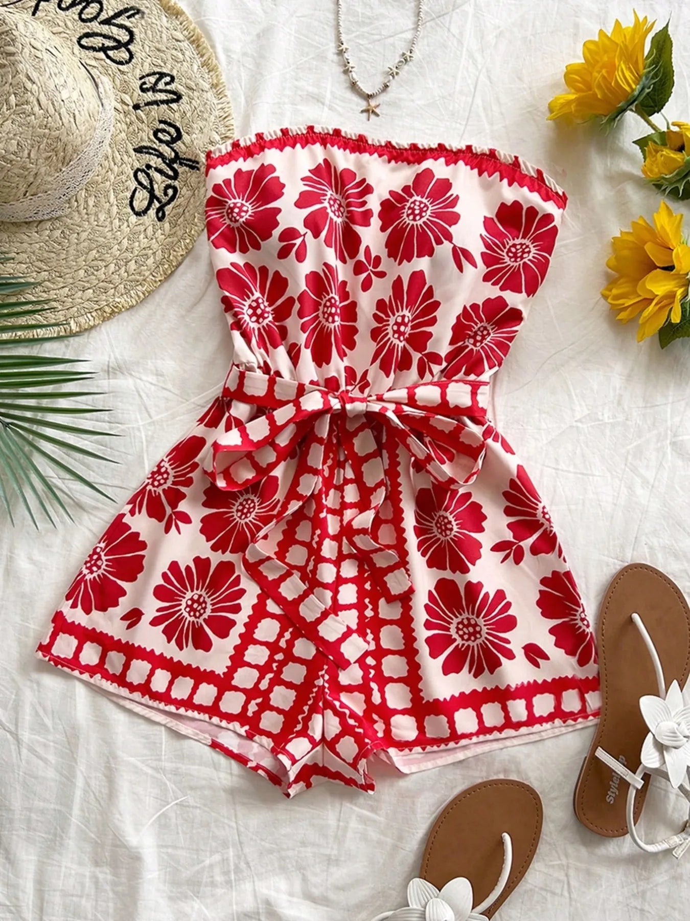 Printed Tube Tie Waist Romper - Roe Creation