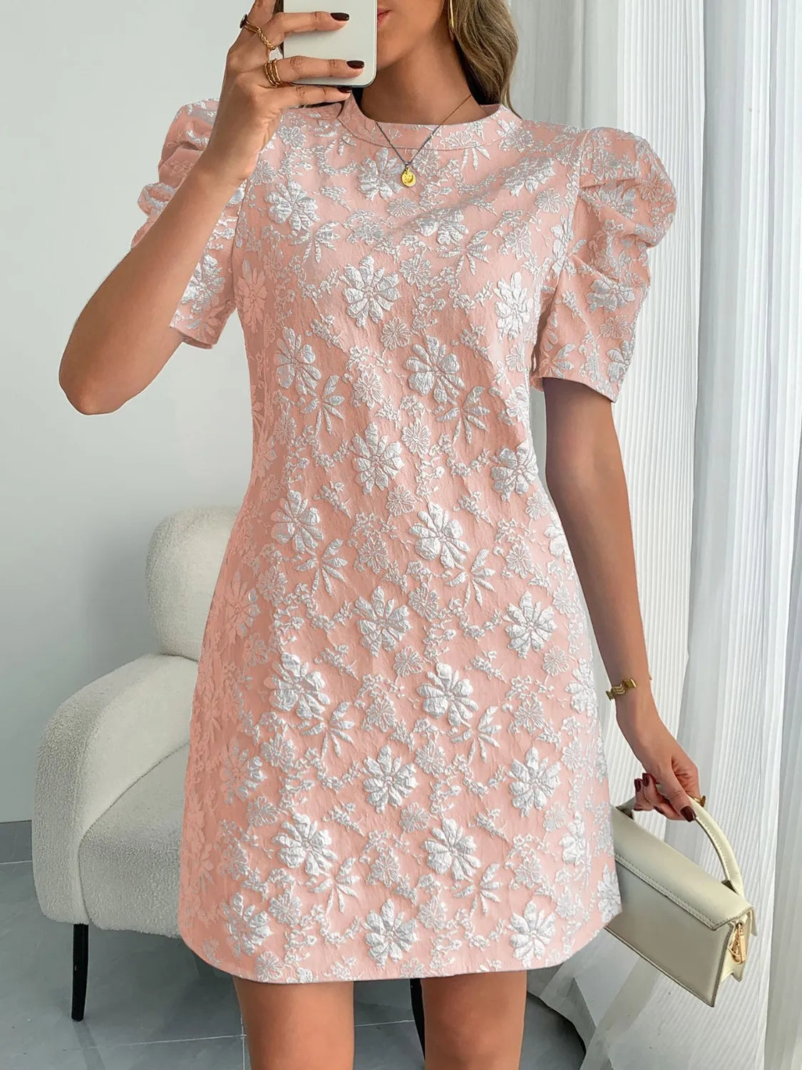 Round Neck Puff Short Sleeve Mini Dress - Roe Creation