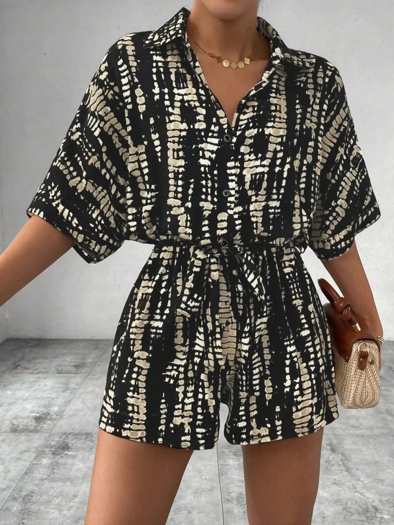 Tie Dye Print Collar Neck Short Sleeve Romper - Roe Creation