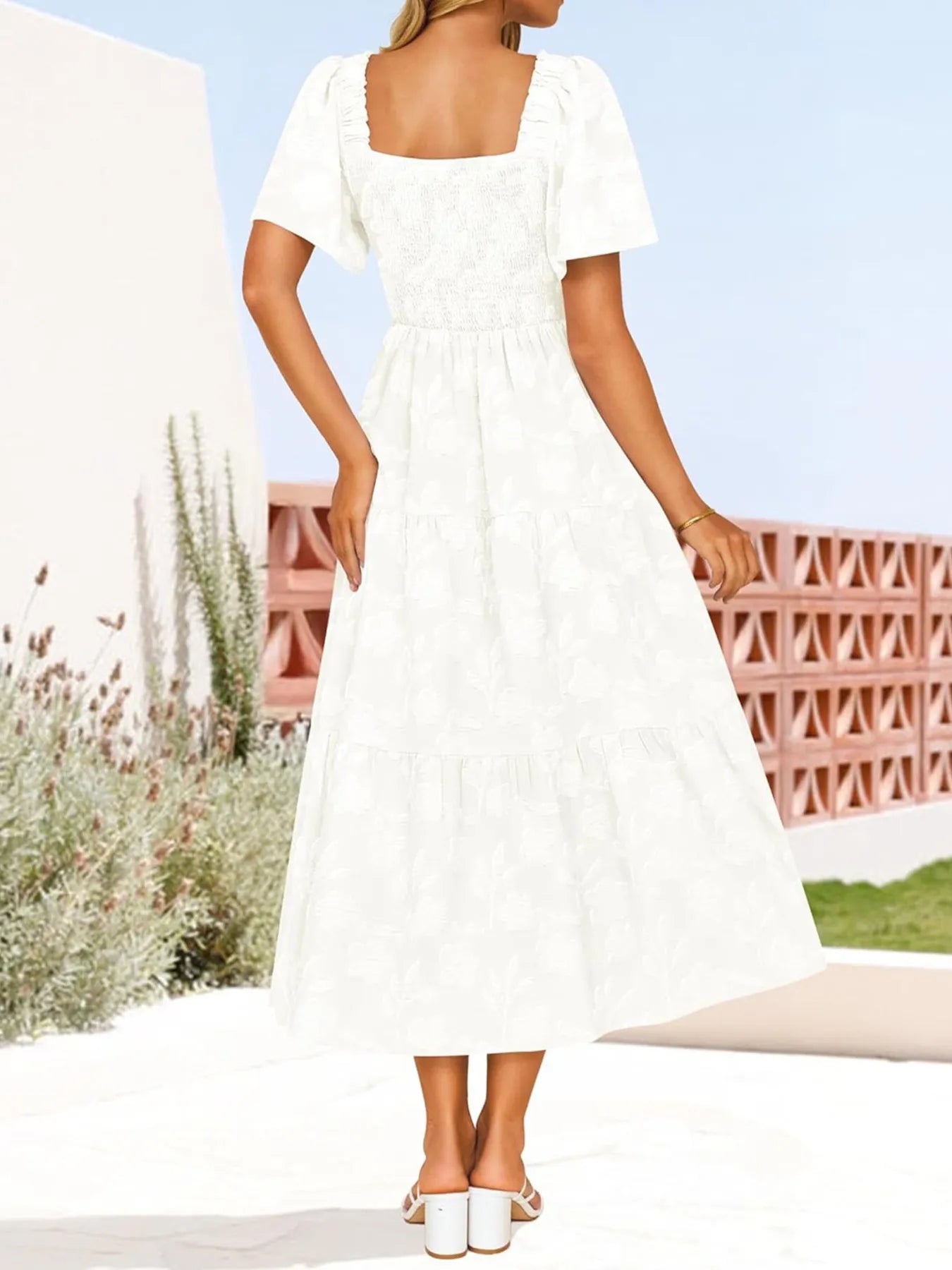 Smocked Square Neck Short Sleeve Dress - Roe Creation