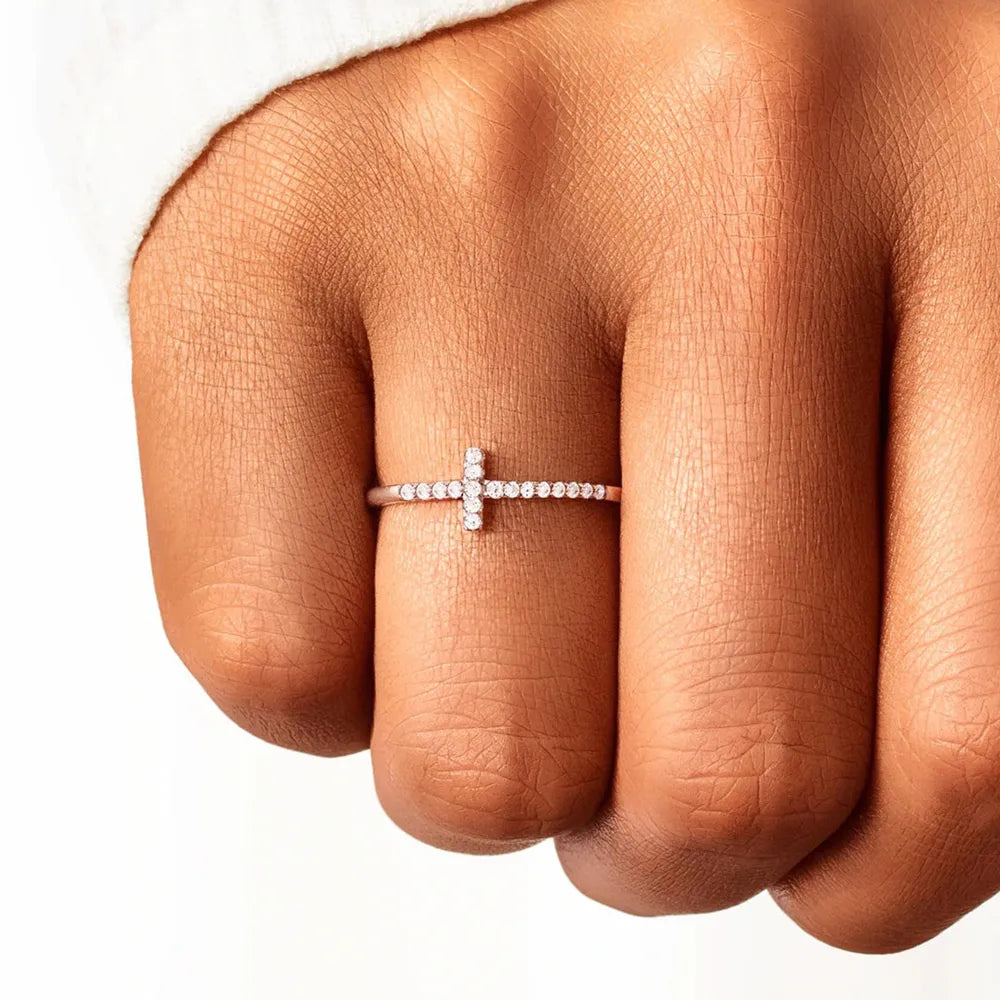 Cross Inlaid Zircon 925 Sterling Silver Ring - Roe Creation