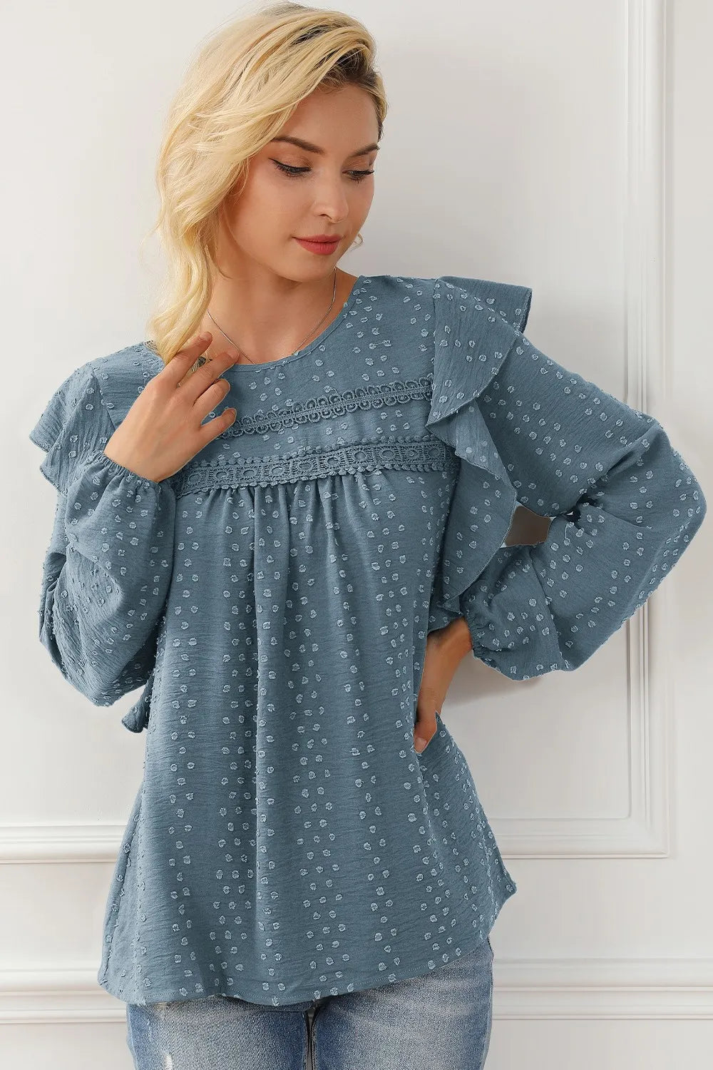 Women’s Round Neck Ruffled Blouse with Lace Detail – Elegant Casual Top - Roe Creation