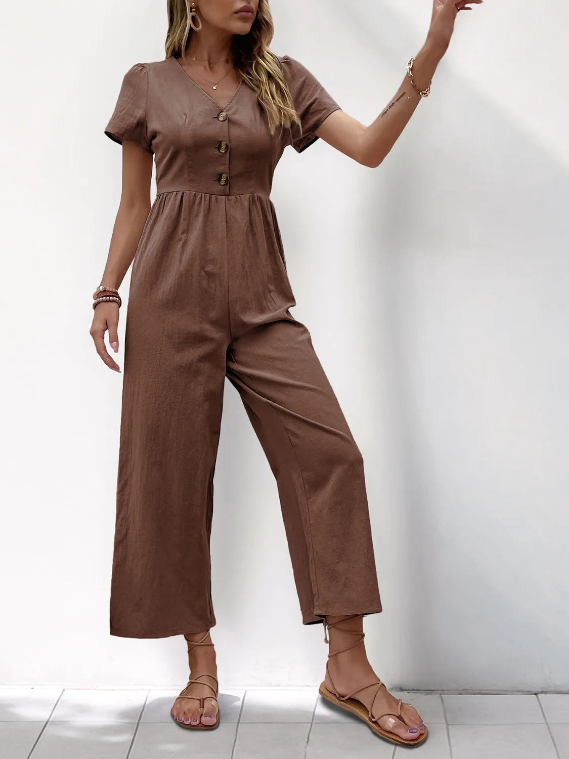 V-Neck Short Sleeve Wide Leg Jumpsuit - Roe Creation